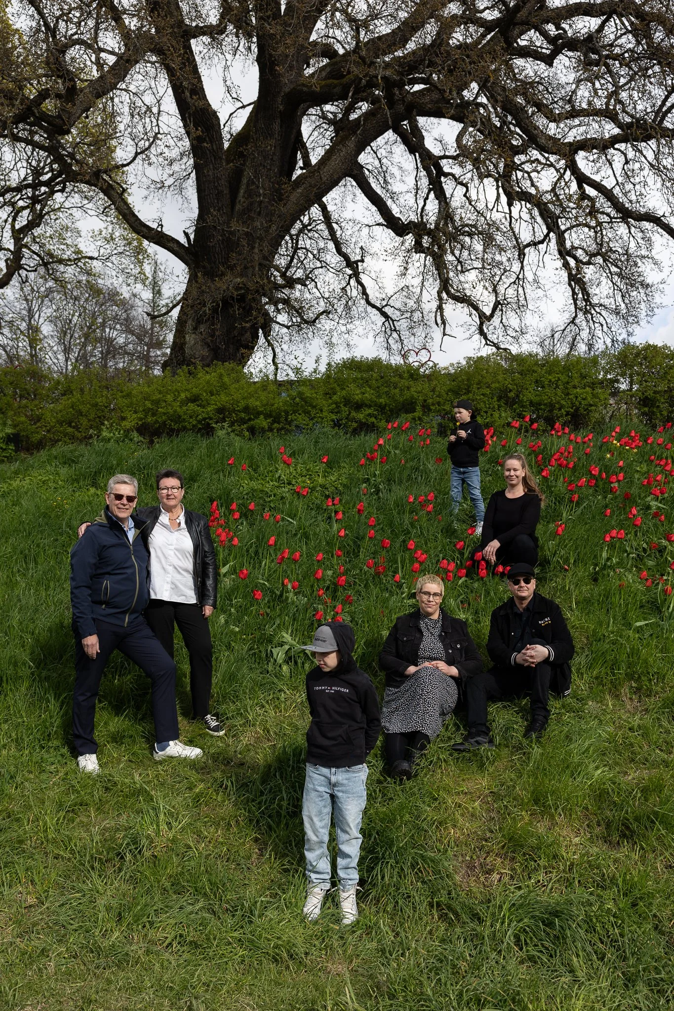 Kolmen sukupolven perhekuvaus, 7 henkilöä vehrässä rinteessä, jossa kukkii punaisia tulppaaneja