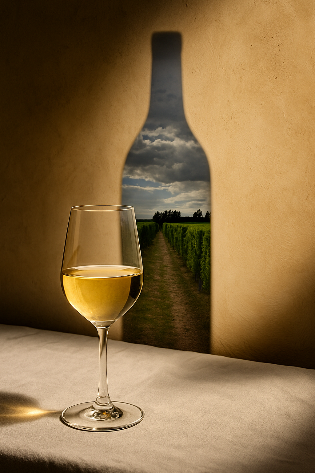 A glass of white wine on a table with a decorative cutout in a wall resembling a wine bottle, showing a vineyard and cloudy sky in the background.