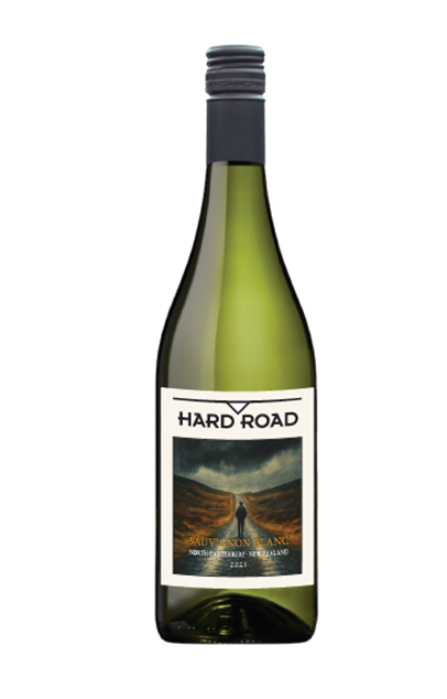 A bottle of Hard Road Sauvignon Blanc wine with a landscape label showing a person walking between two canyon walls.