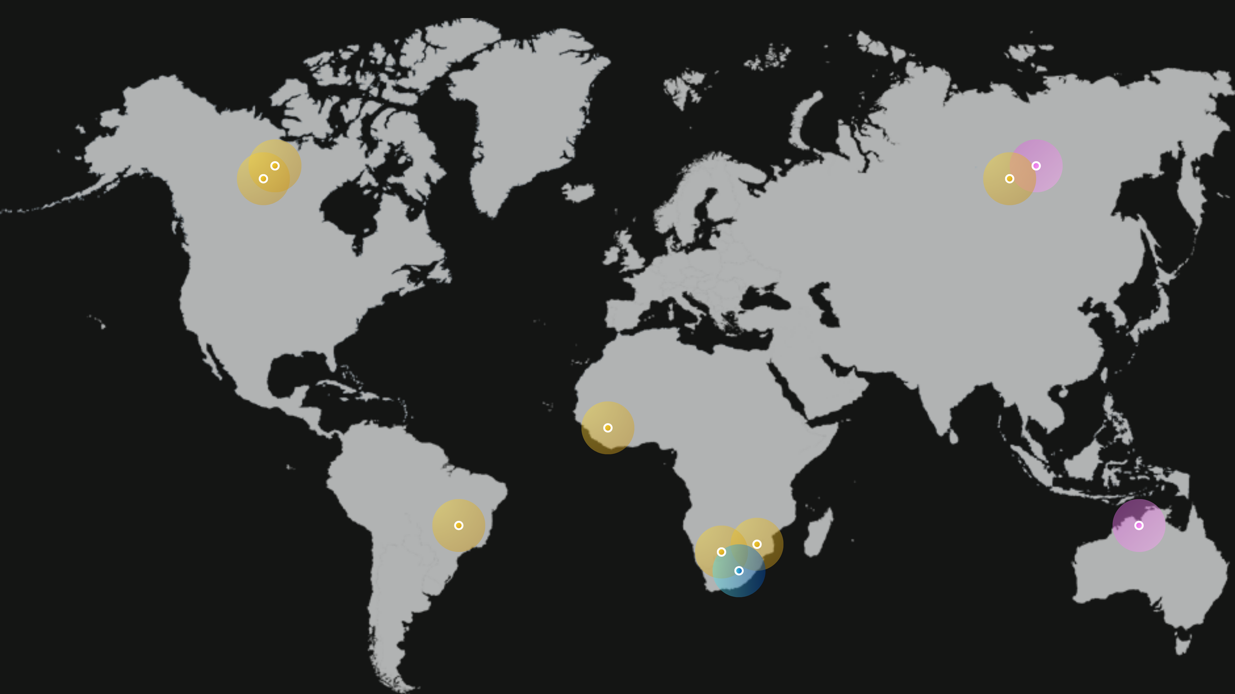 World map with coloured circles indicating various mining  locations across different continents.