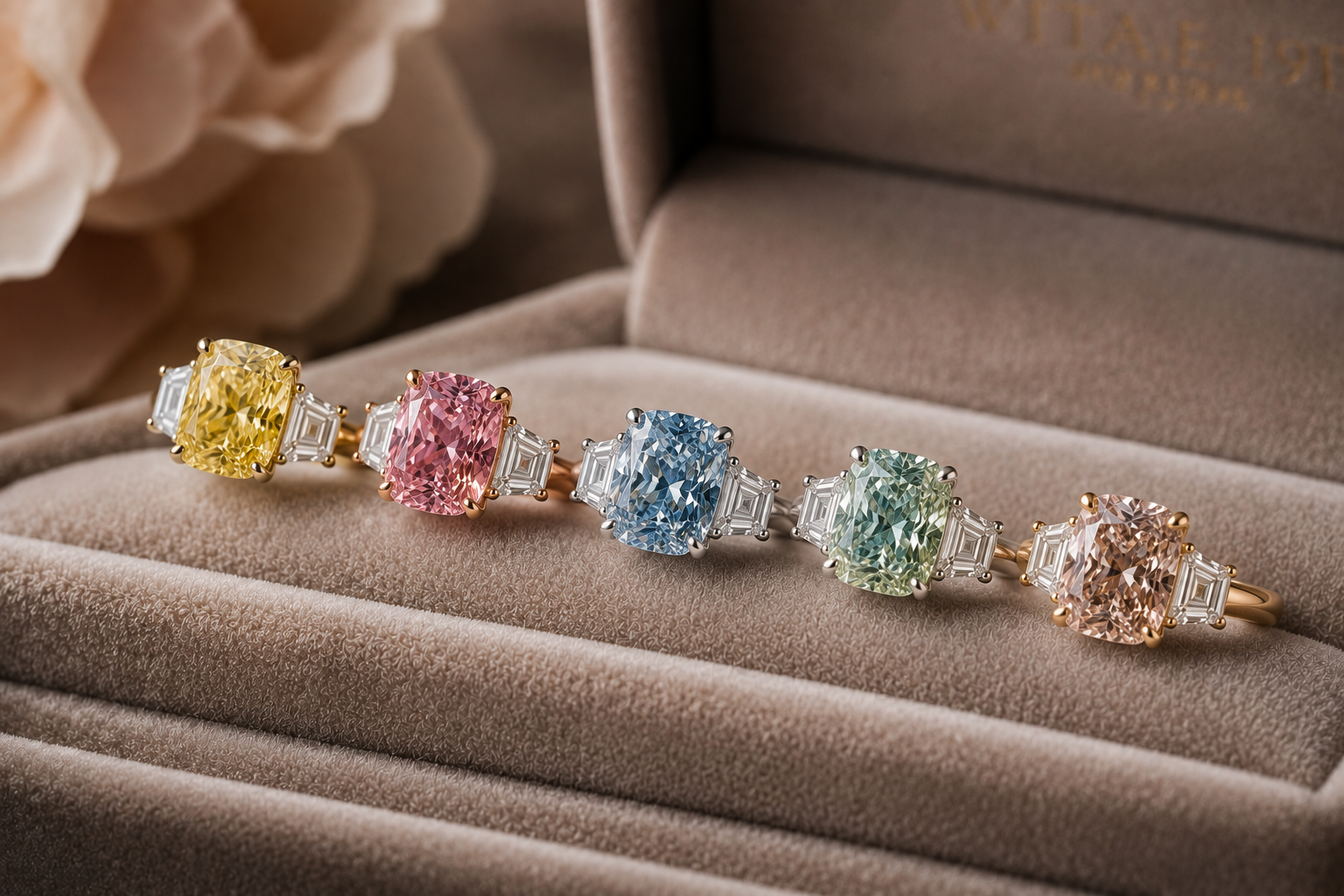 Natural Fancy Colour diamond engagement rings featuring yellow, pink, blue, green and champagne diamonds with diamond side stones.
