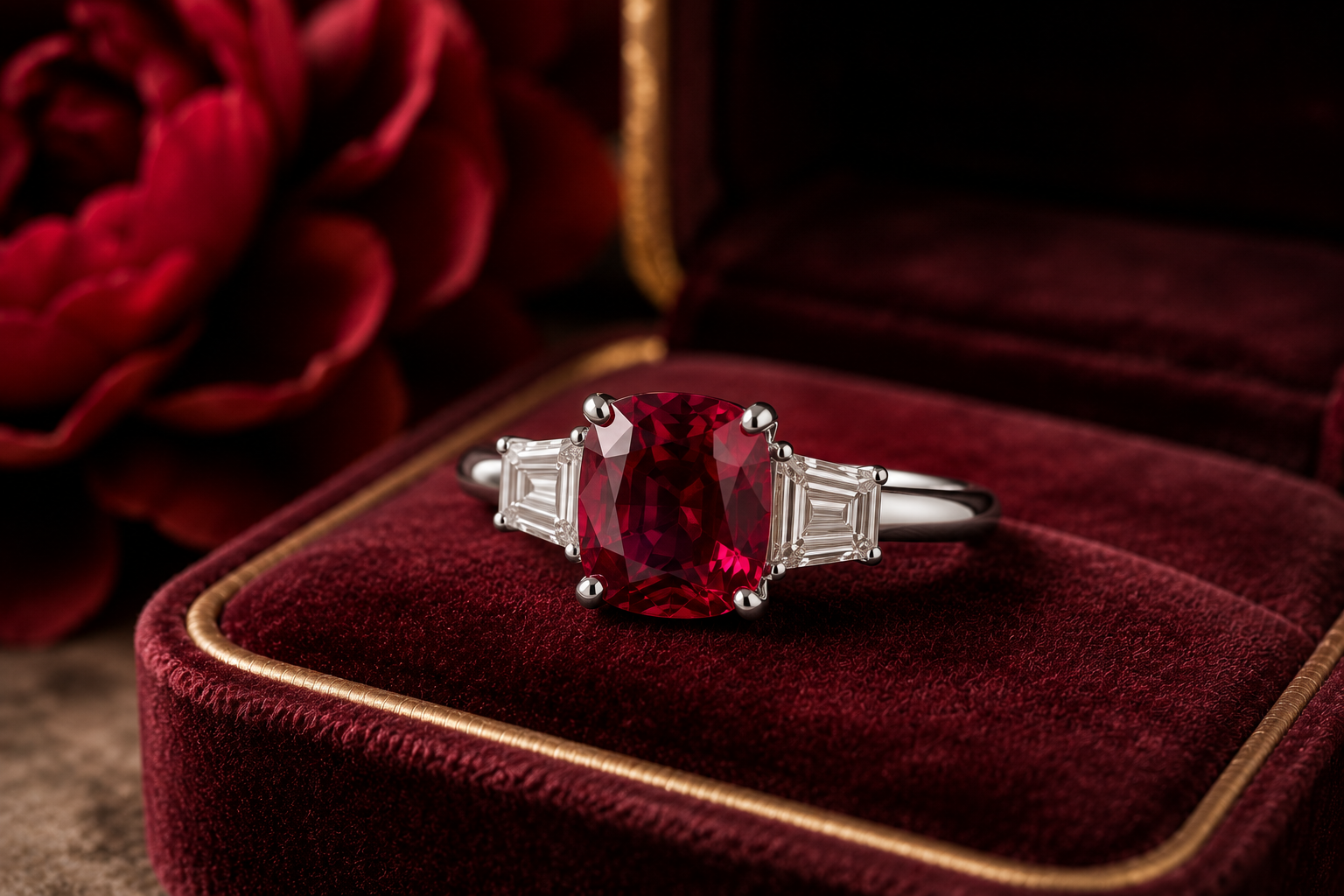 Natural ruby engagement ring featuring a vivid cushion-cut ruby with tapered diamond side stones in a refined high jewellery setting.