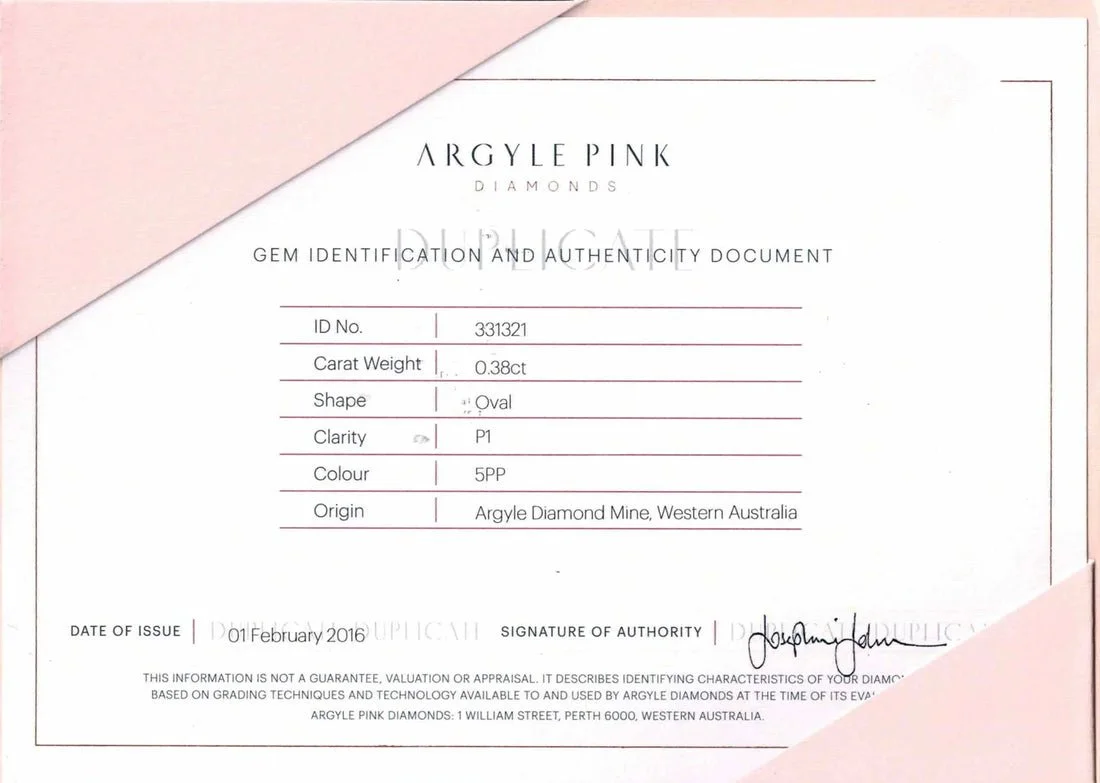 Argyle certificate for a fancy purplish pink diamond, 5PP colour grade with P1 clarity.