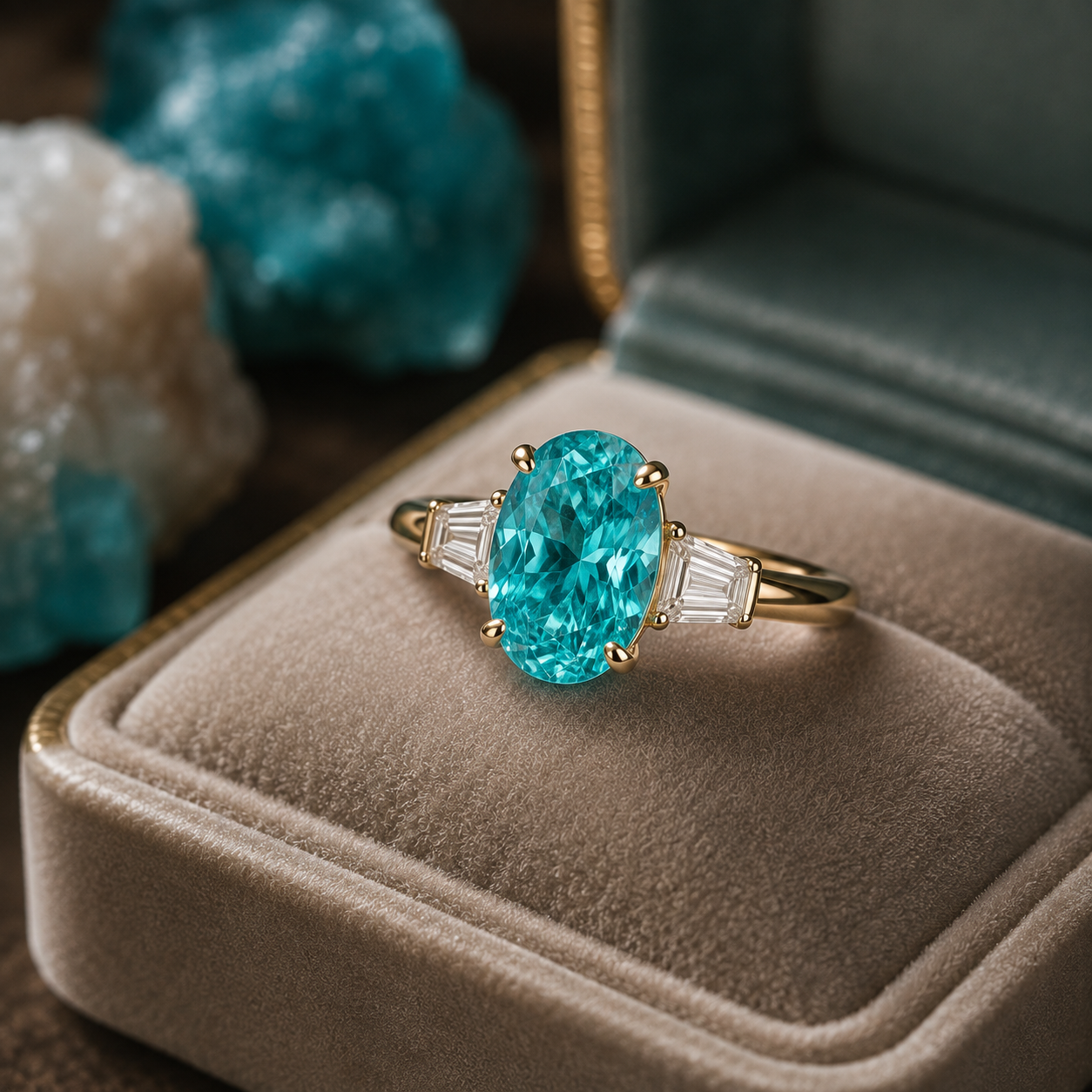 Paraíba tourmaline engagement ring featuring a vivid blue-green oval centre stone with tapered diamond side stones in a high jewellery setting.