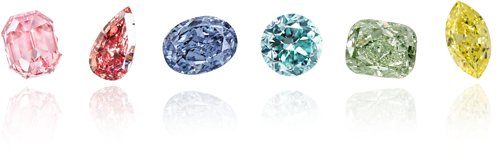 Assortment of fancy coloured diamonds in a variety of fancy cuts, including cushion, oval, radiant, pear, and heart shapes, displaying vivid hues and unique brilliance
