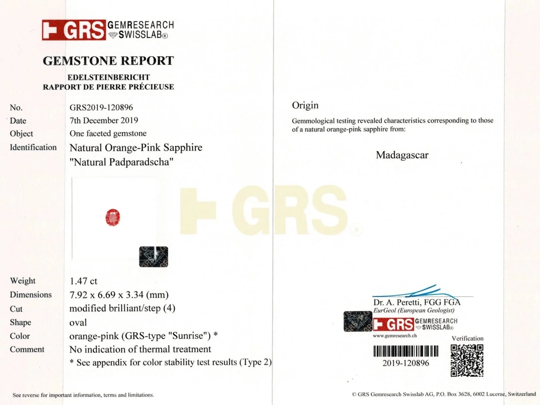 Certificate stating “Natural Orange Pink Sapphire” identified as a “Natural Padparadscha” with no heat treatment indications.