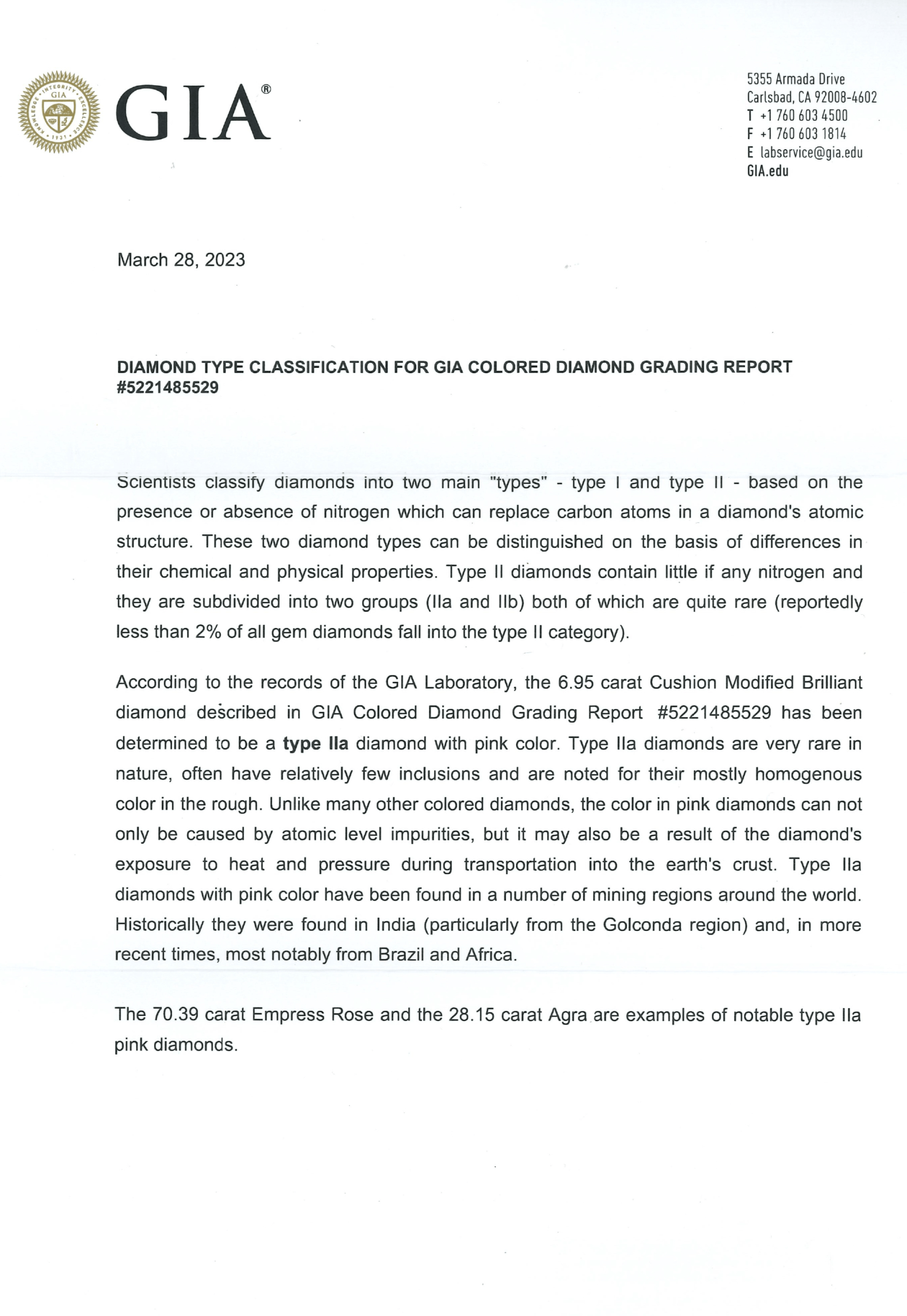 GIA Monograph accompanying Phillips Lot 416, detailing the geological formation, colour origin, and rarity of the 6.95-carat Fancy Vivid Purplish Pink Type IIa diamond.