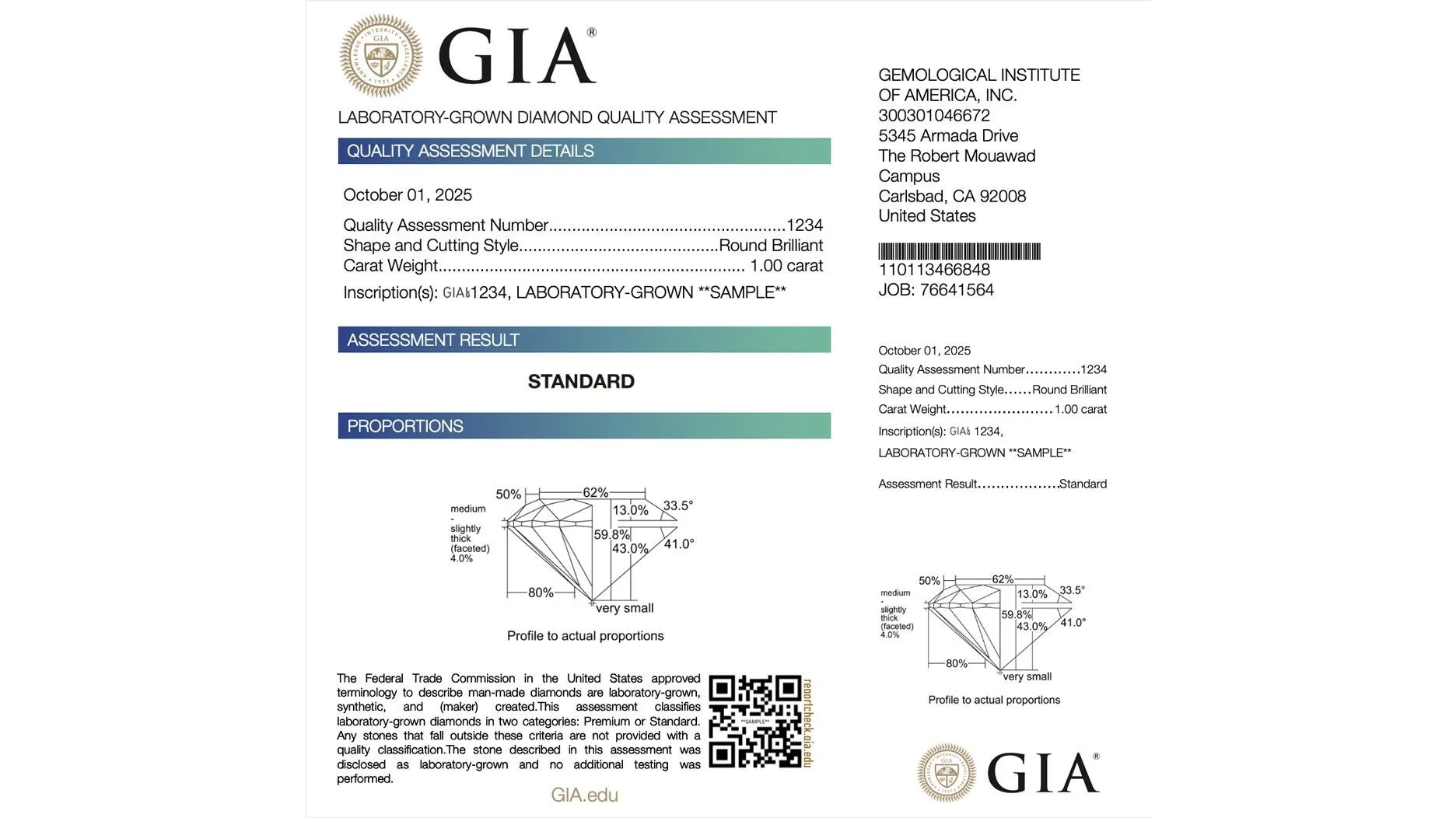 GIA laboratory report for a lab grown diamond, showing grading details and origin disclosure alongside the certified stone.