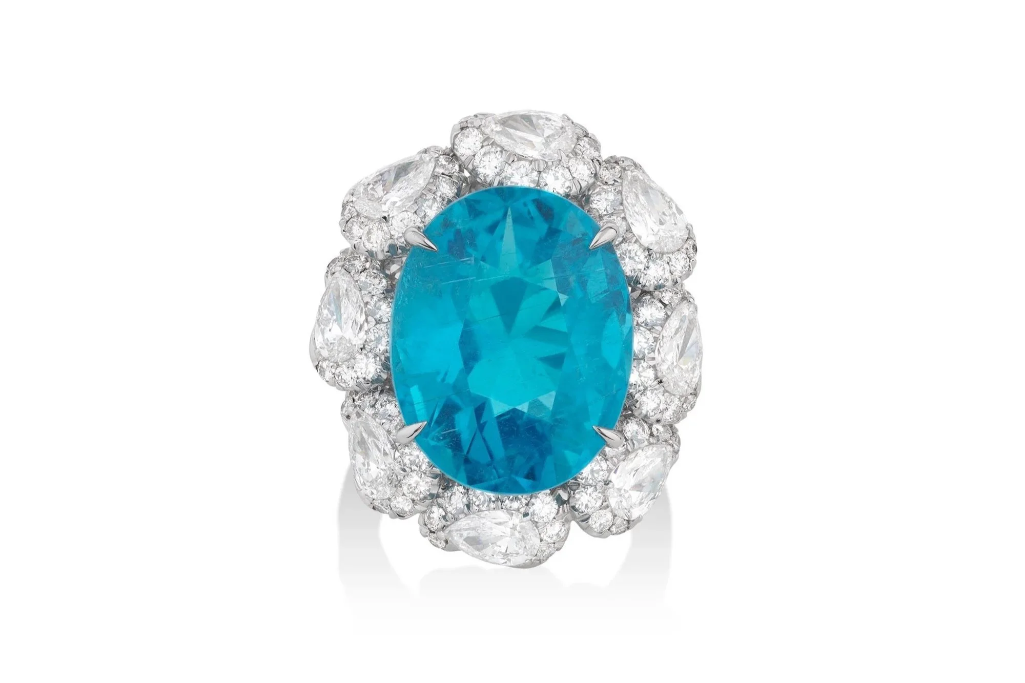 Phillips Lot 385 — 20.08-carat oval Paraiba tourmaline and diamond ring from The Geneva Jewels Auction V, showing the vivid turquoise-blue hue of the Mozambique-origin stone surrounded by pear-shaped diamonds.