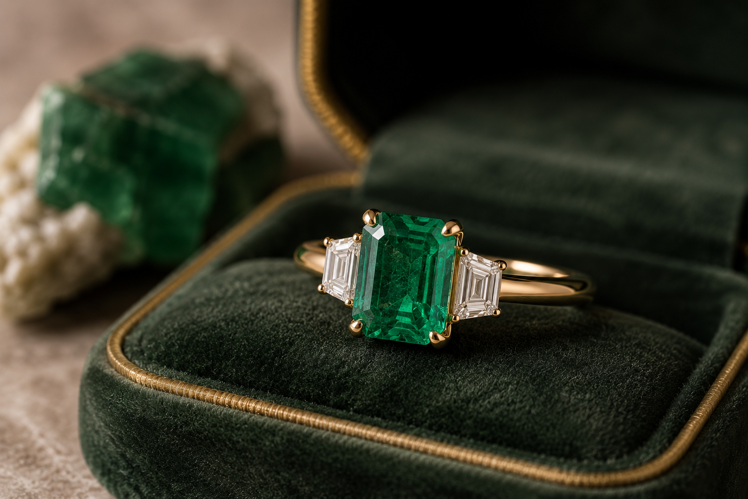 Natural emerald engagement ring featuring an emerald-cut centre stone with diamond side stones in a refined high jewellery setting.