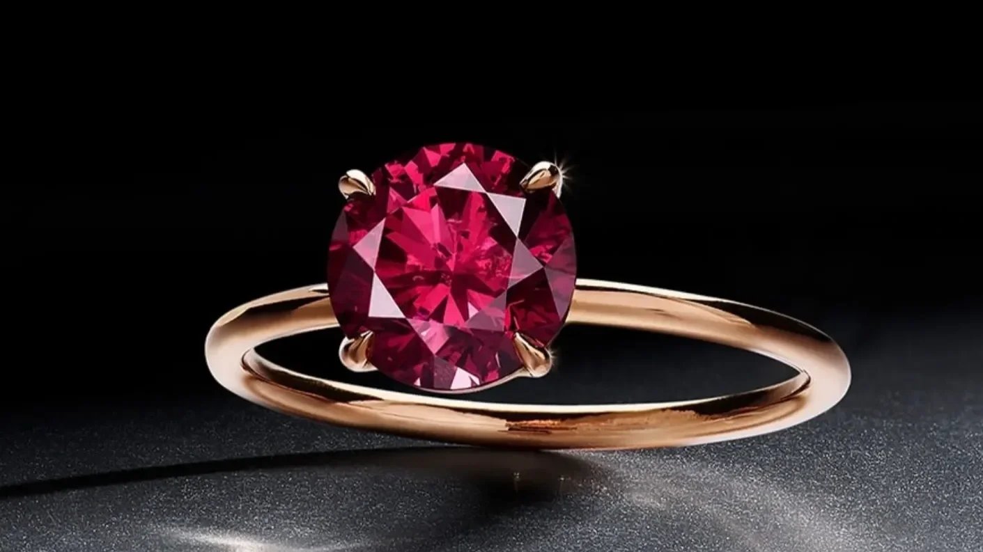 Natural red diamonds set in a yellow gold ring, highlighting the contrast between the warm gold setting and the rare red diamond colour.