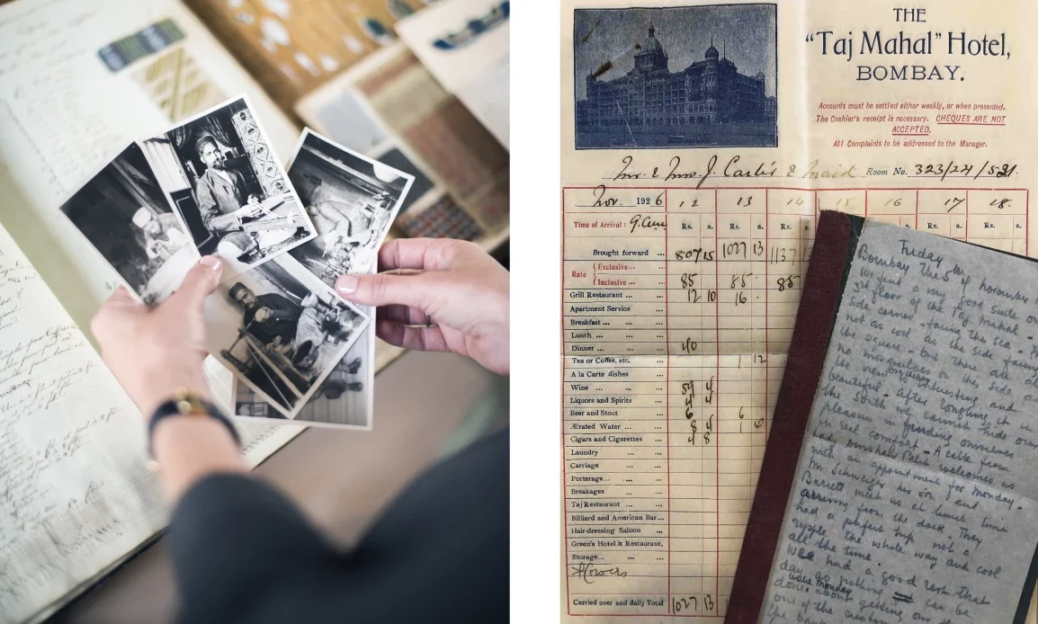 Jacques Cartier selecting gemstones during his travels in India, alongside a 1922 portrait of the three Cartier brothers with their father, reflecting the family legacy behind the maison.