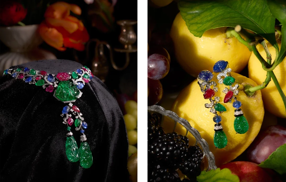 Cartier Tutti Frutti gem-set and diamond demi-parure featuring carved emeralds, rubies and sapphires, sold at auction for 25,860,000 HKD.