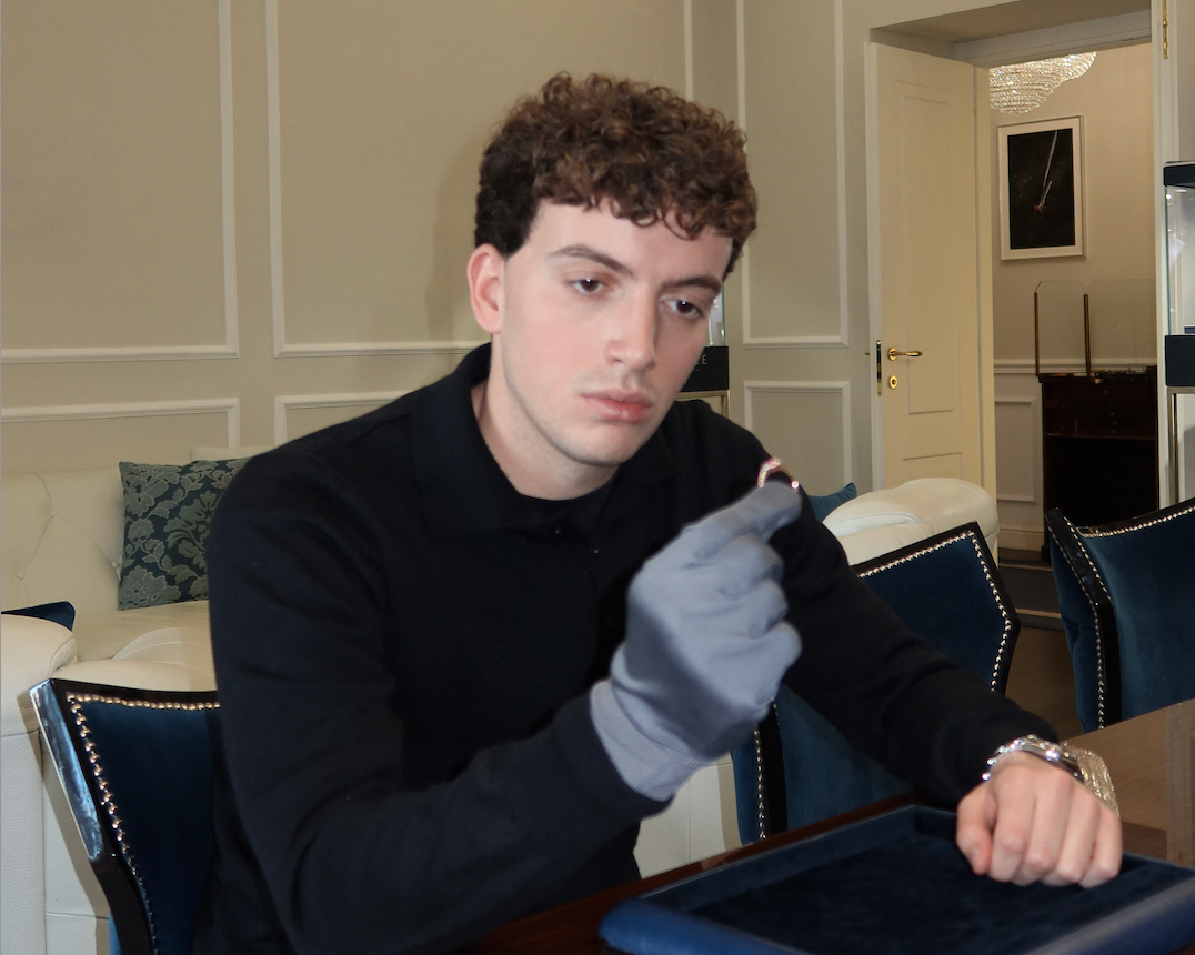 Private jewellery consultation with Tommaso Bazzano in a Monaco Monte Carlo showroom discussing bespoke diamond jewellery and custom high jewellery design.