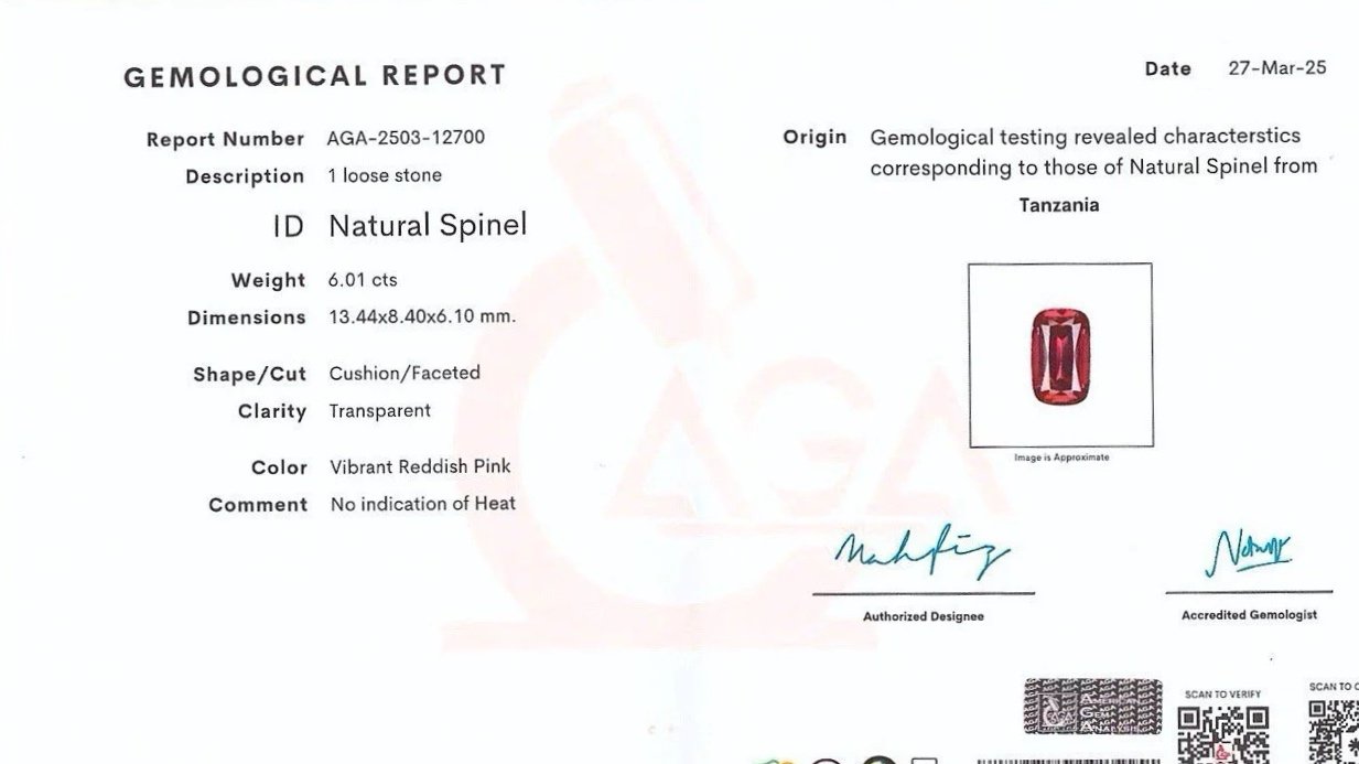 Gemological laboratory certificate documenting origin, colour and untreated status of a Mahenge spinel.