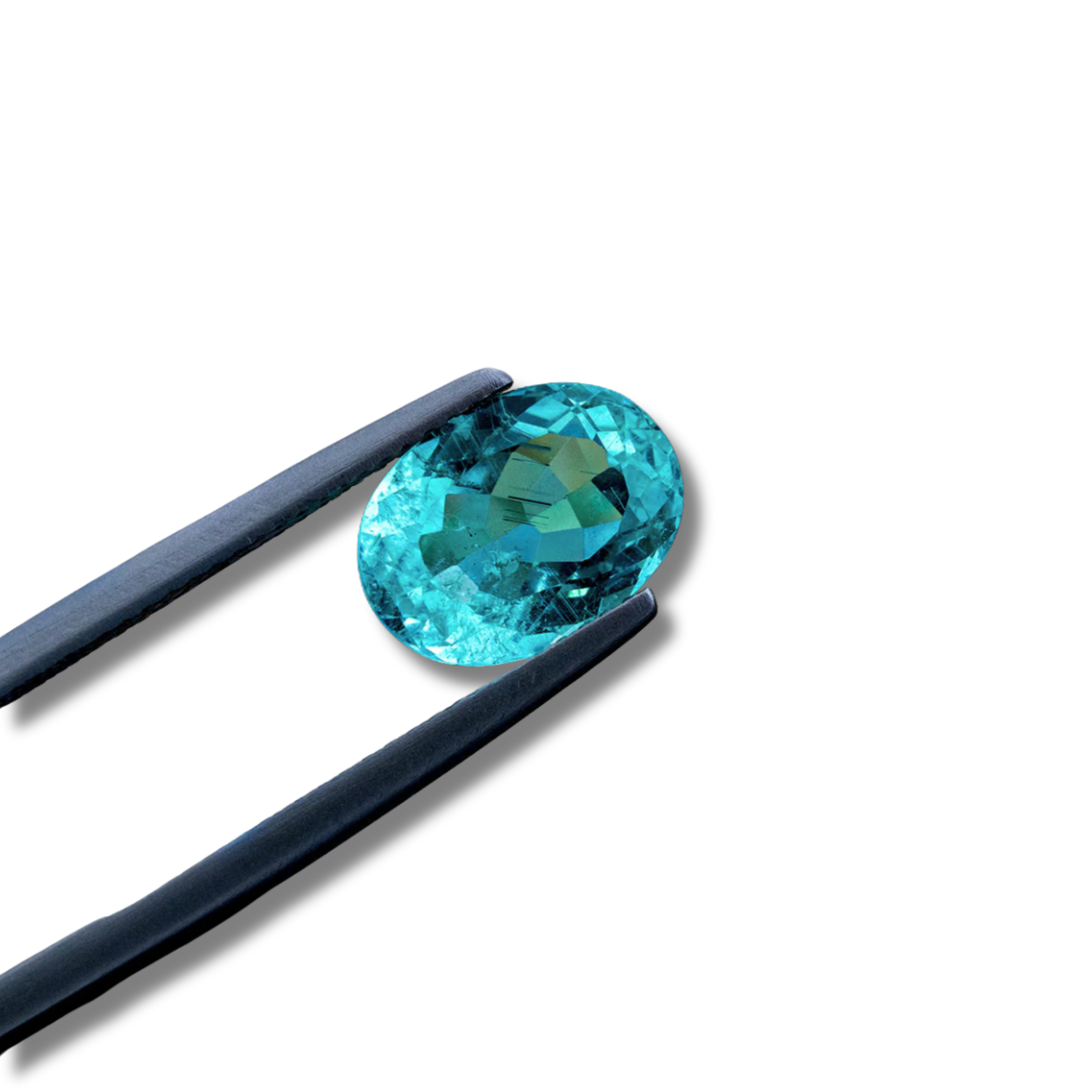 Unmounted Paraiba tourmaline gemstone with vivid neon blue-green color, oval cut, and high transparency, displayed against a neutral background.