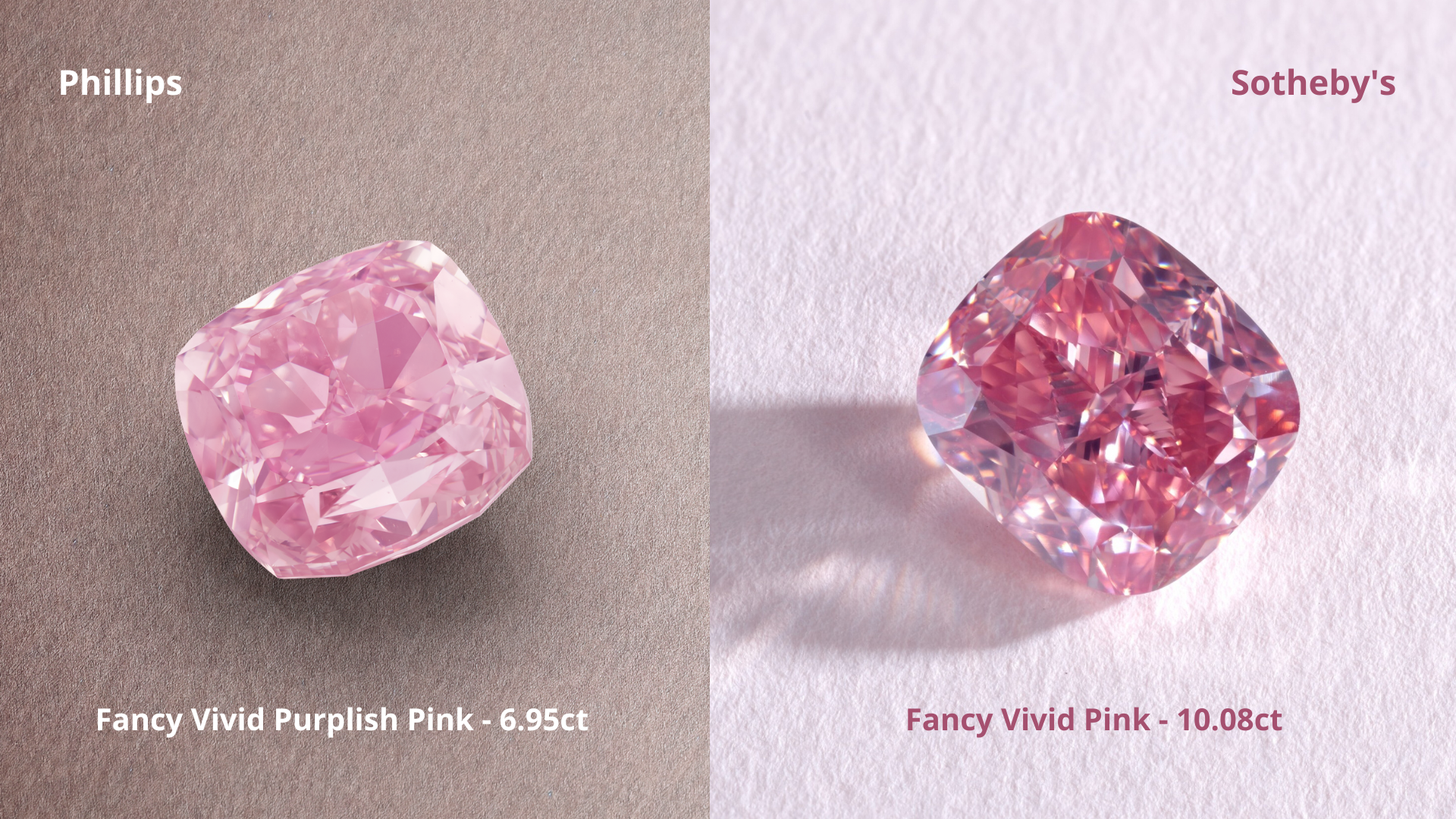 Two exceptional pink diamonds displayed side by side: a 6.95 carat Fancy Vivid Purplish Pink diamond from Phillips and the 10.08 carat Fancy Vivid Pink diamond known as The Glowing Rose from Sotheby’s, both shown without background.