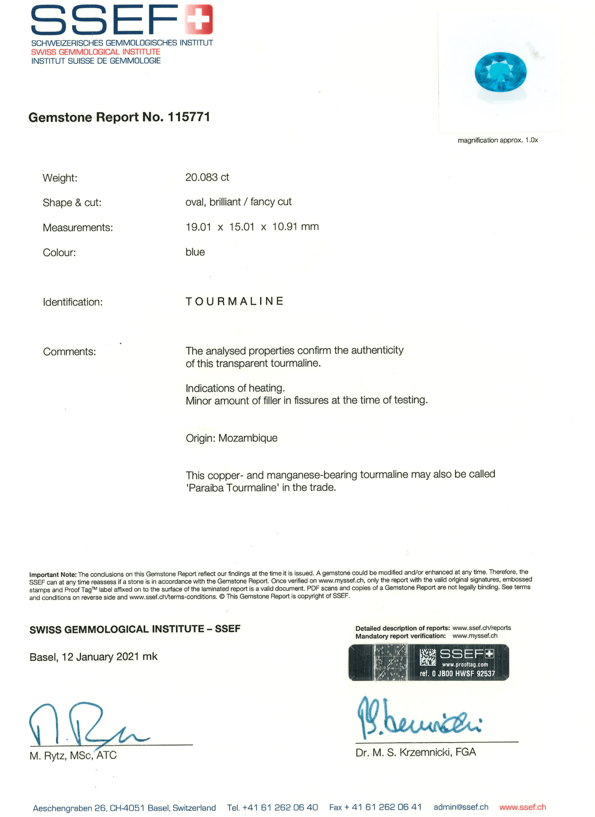 SSEF report no. 115771 for Phillips Lot 385 confirming the 20.08-carat Paraiba tourmaline of Mozambique origin with indications of heating and clarity enhancement.