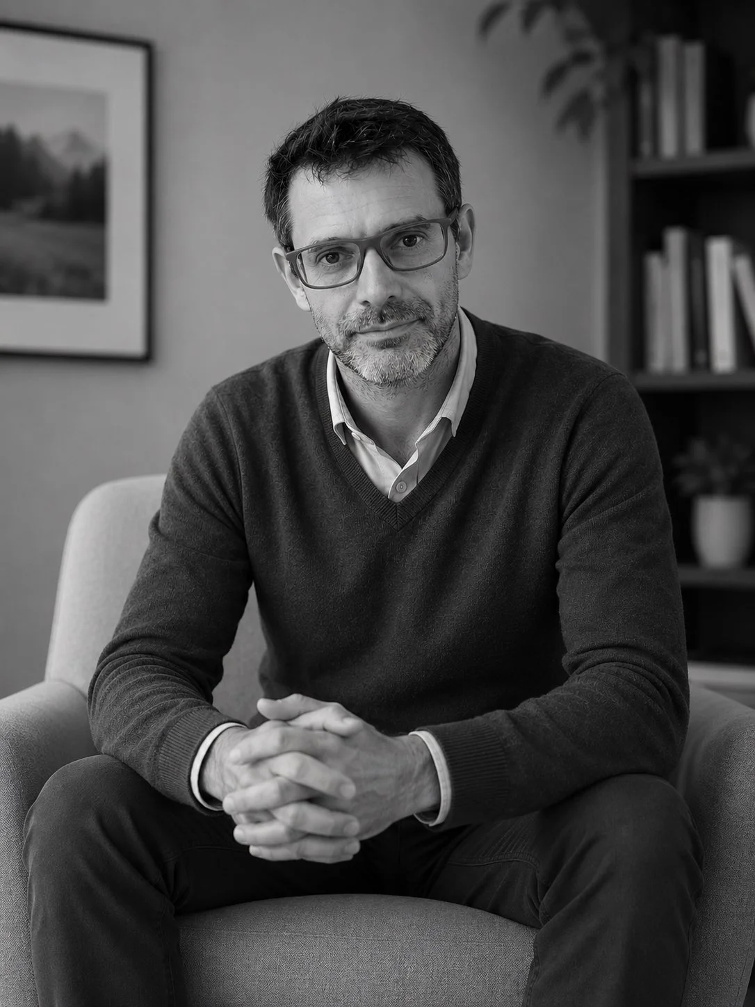 Sort-hvidt portræt af psykoterapeut Marcelo Larrosa siddende i en stol, tilbud af online terapi samt terapeutisk skrivning og samtale.