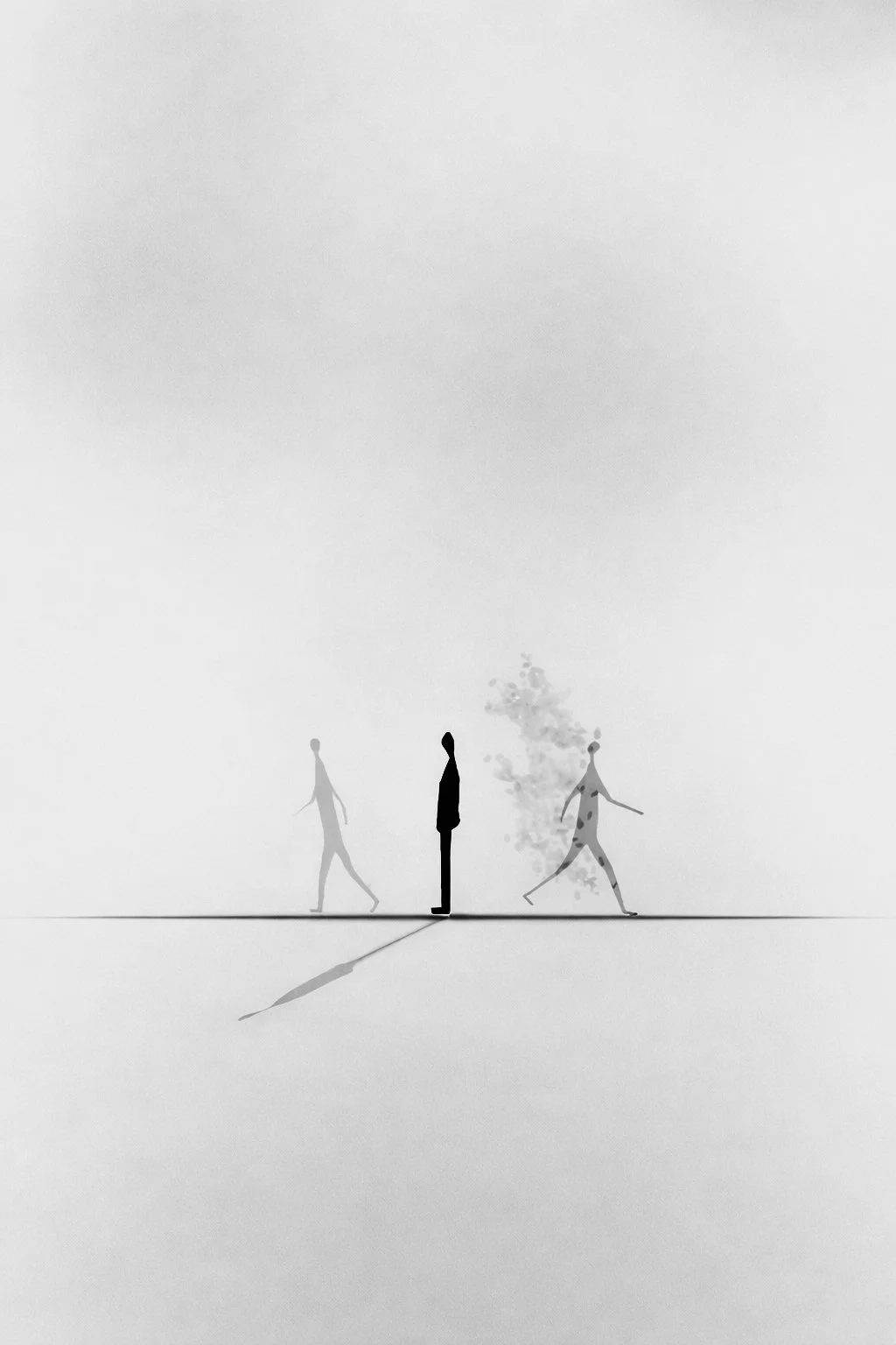 En minimalistisk illustration af menneskelig tilstedeværelse og forandring, der symboliserer selvindsigt og eksistentiel balance hos Ishiki.