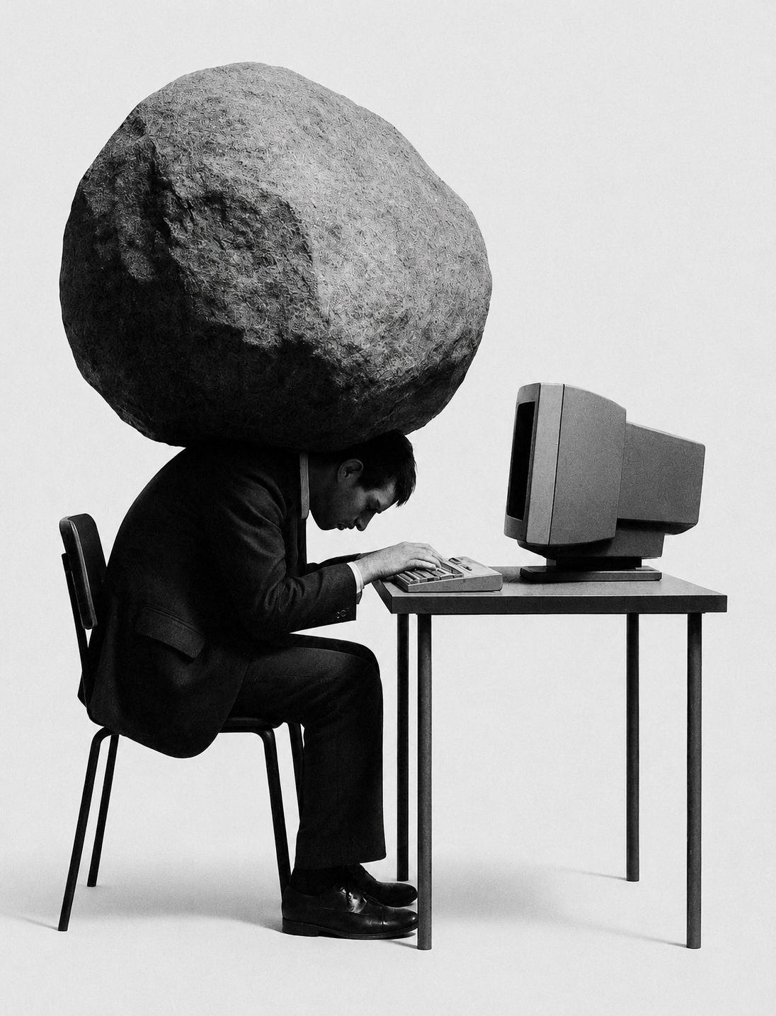 Symbolsk sort-hvid illustration af en person, der arbejder under vægten af en stor sten, som repræsenterer arbejdspres, stress og følelsen af at bære en tung mental byrde.