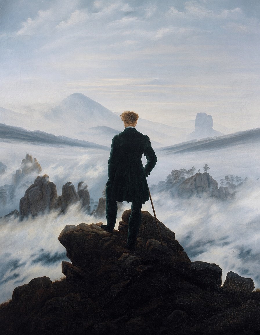 Pintura icónica de Caspar David Friedrich que representa a un caminante contemplando un mar de niebla. Simboliza la introspección, la libertad y el encuentro del individuo consigo mismo ante lo desconocido.