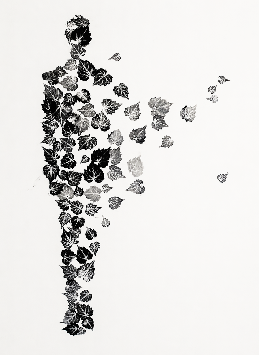 Illustration af et menneske, der opløses i blade. Billedet symboliserer livets forandring, forgængelighed og processen med at finde sin sande identitet gennem humanistisk-eksistentiel terapi.