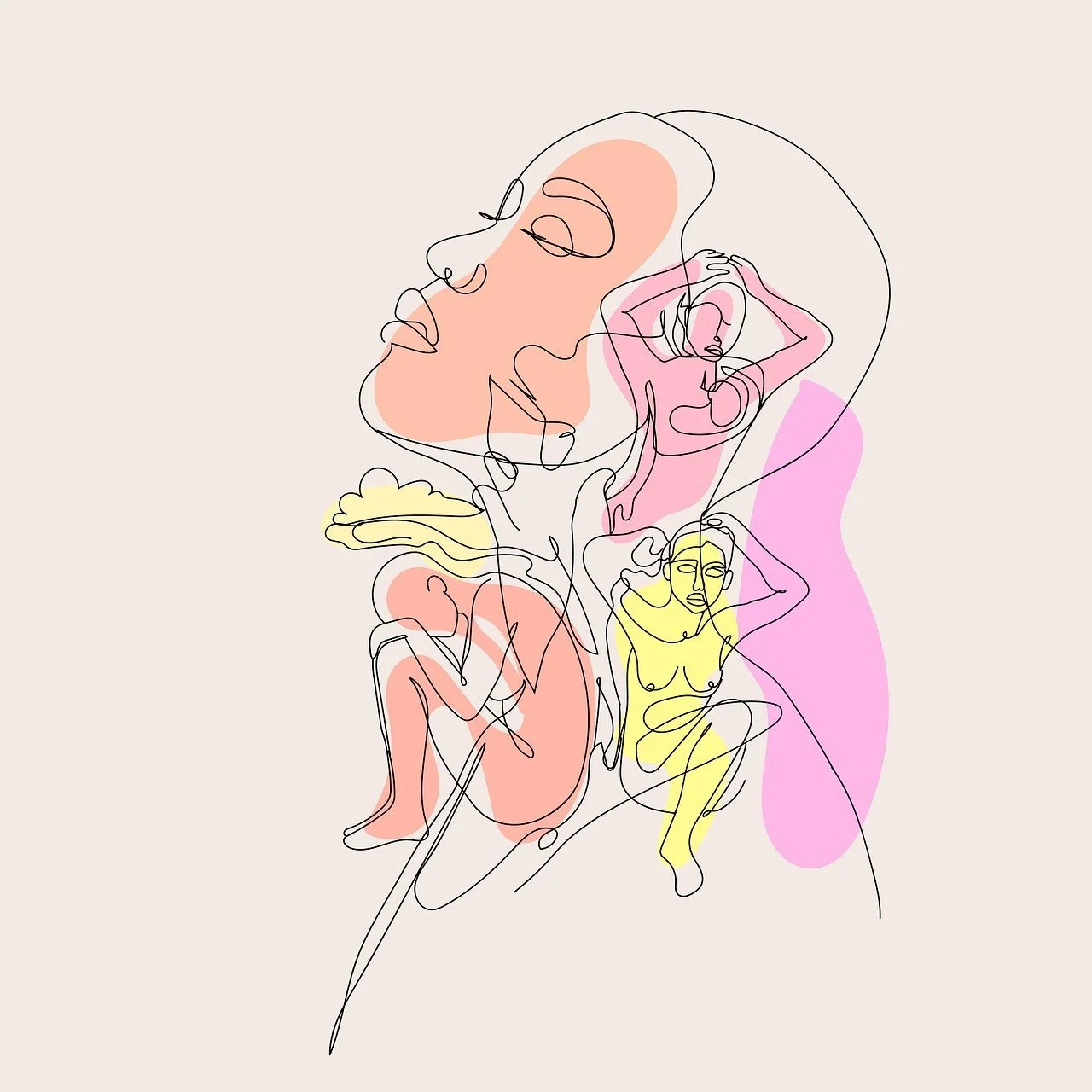 Abstrakt lineart-illustration af menneskesindet, der symboliserer psykoterapi, eksistentiel udvikling og Zen-visdom