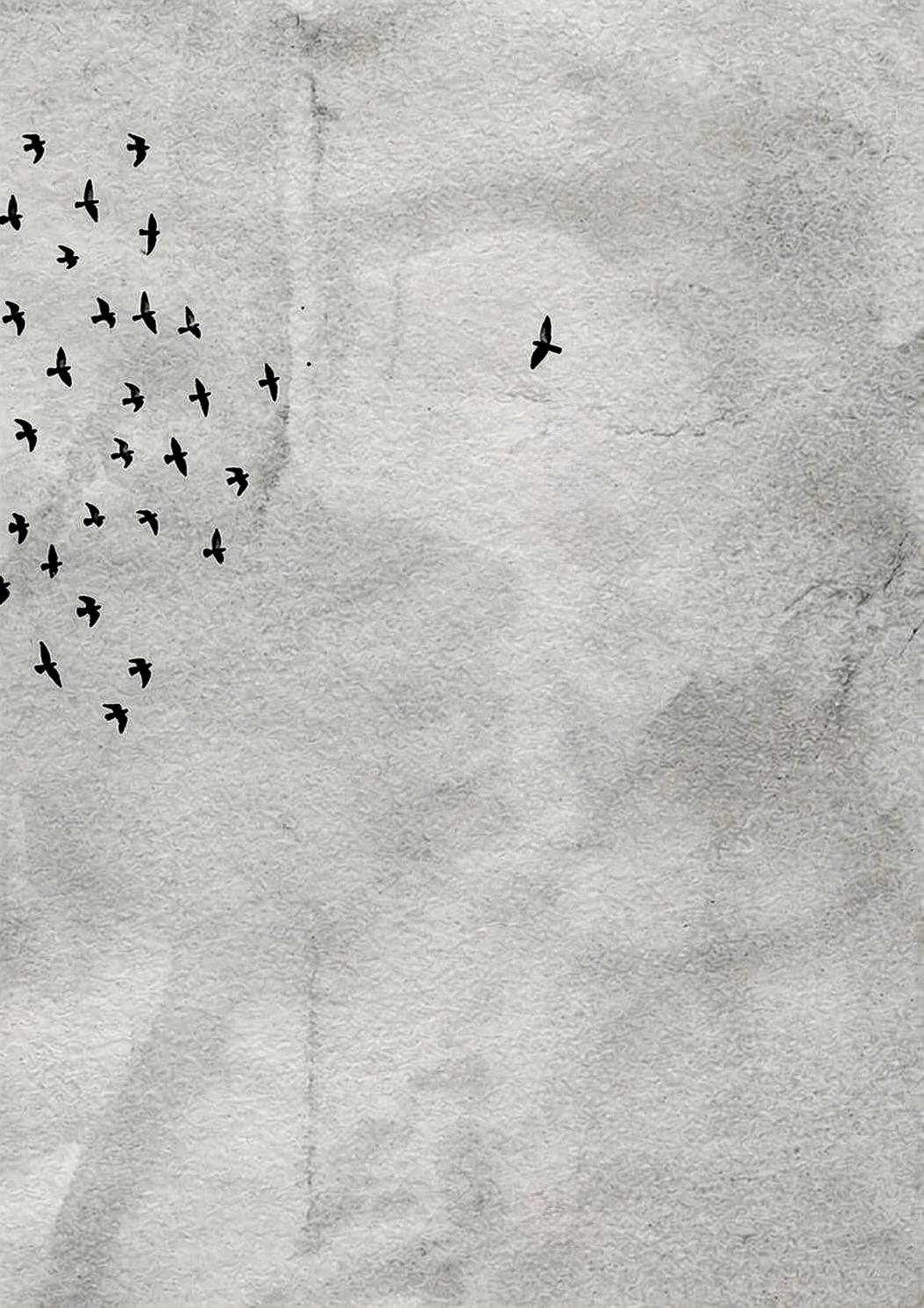 Minimalistisk illustration af en fugl, der flyver væk fra flokken, som symboliserer personlig frihed, autenticitet og modet til at vælge sin egen vej i humanistisk-eksistentiel terapi.