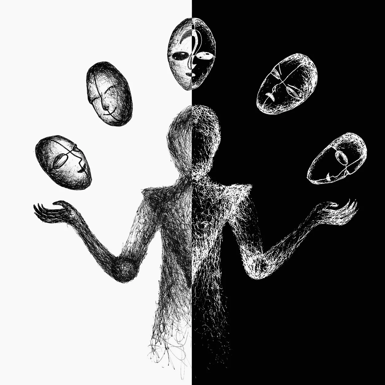 Surrealistisk tegning af de sociale masker, vi bærer, der repræsenterer den indre konflikt mellem det sande selv og samfundets forventninger