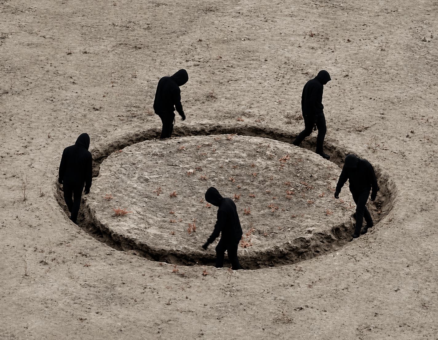 Illustration af skyggefigurer, der går i ring i et dybt spor, som symboliserer følelsen af at være fastlåst i negative adfærdsmønstre og vigtigheden af at bryde dem gennem humanistisk-eksistentiel terapi