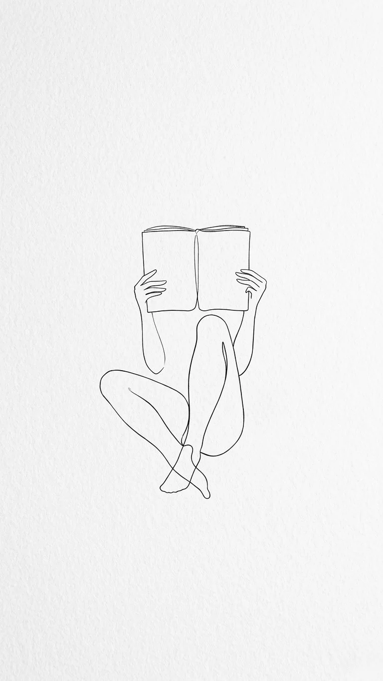 Minimalistisk stregtegning af en person, der læser med et glas vin; et symbol på selvrefleksion, indre fordybelse og eksistentiel ro.