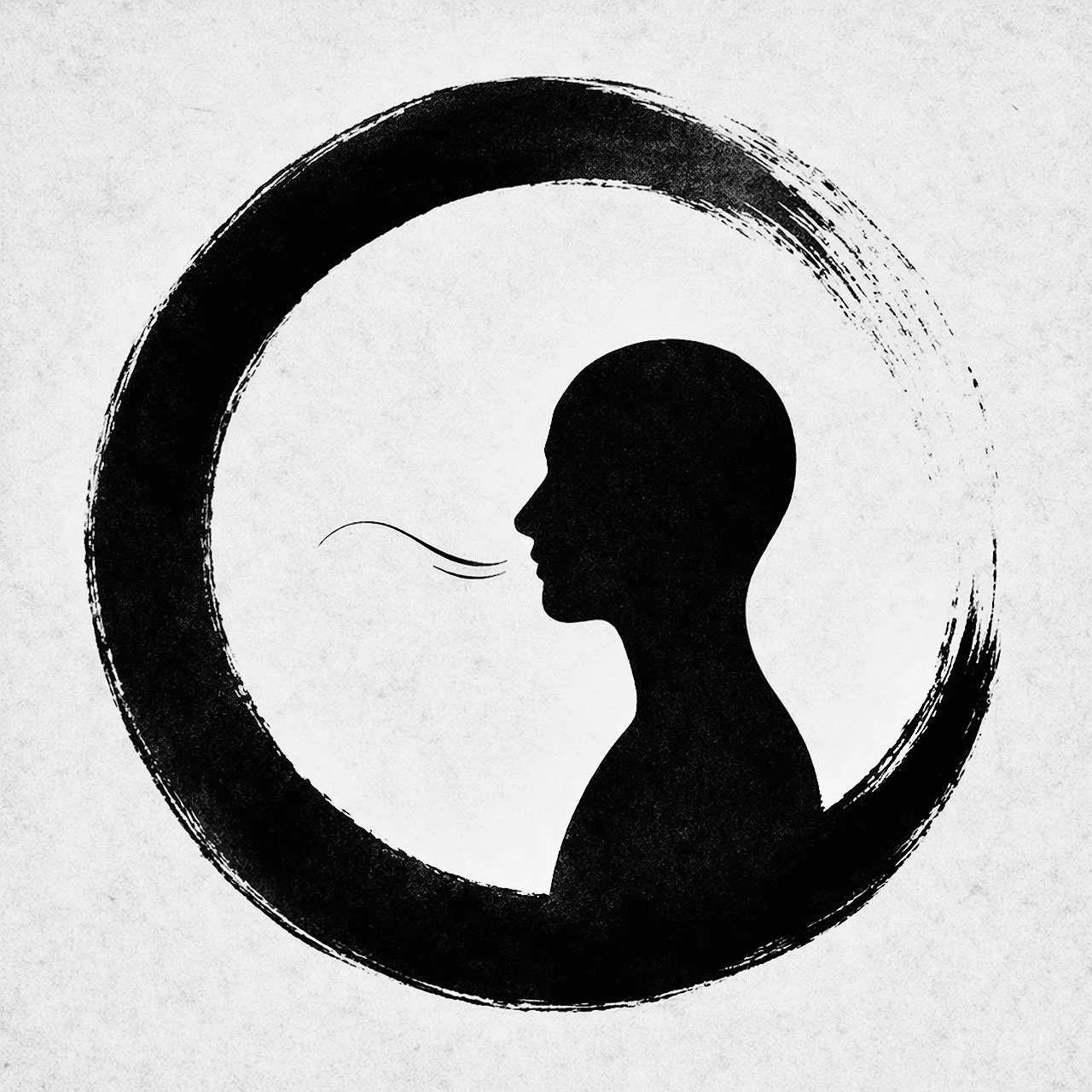 Sort Ensō-cirkel med en silhuet, der symboliserer bevidsthed, ro og Ishikis tilgang til psykoterapi.