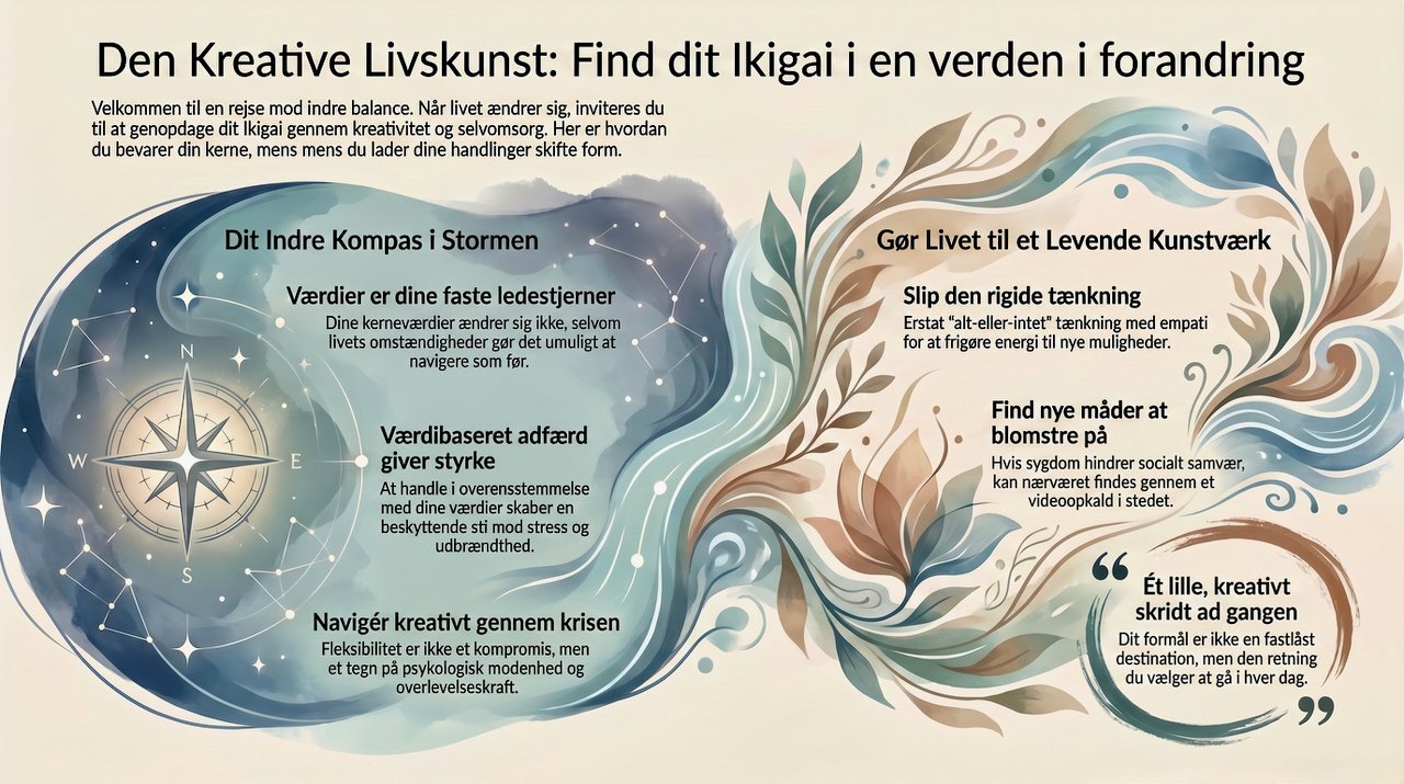 nfografik om Ikigai, kreativitet og fleksibilitet med et indre kompas som symbol på værdier, mening og personlig udvikling i en verden præget af forandring.