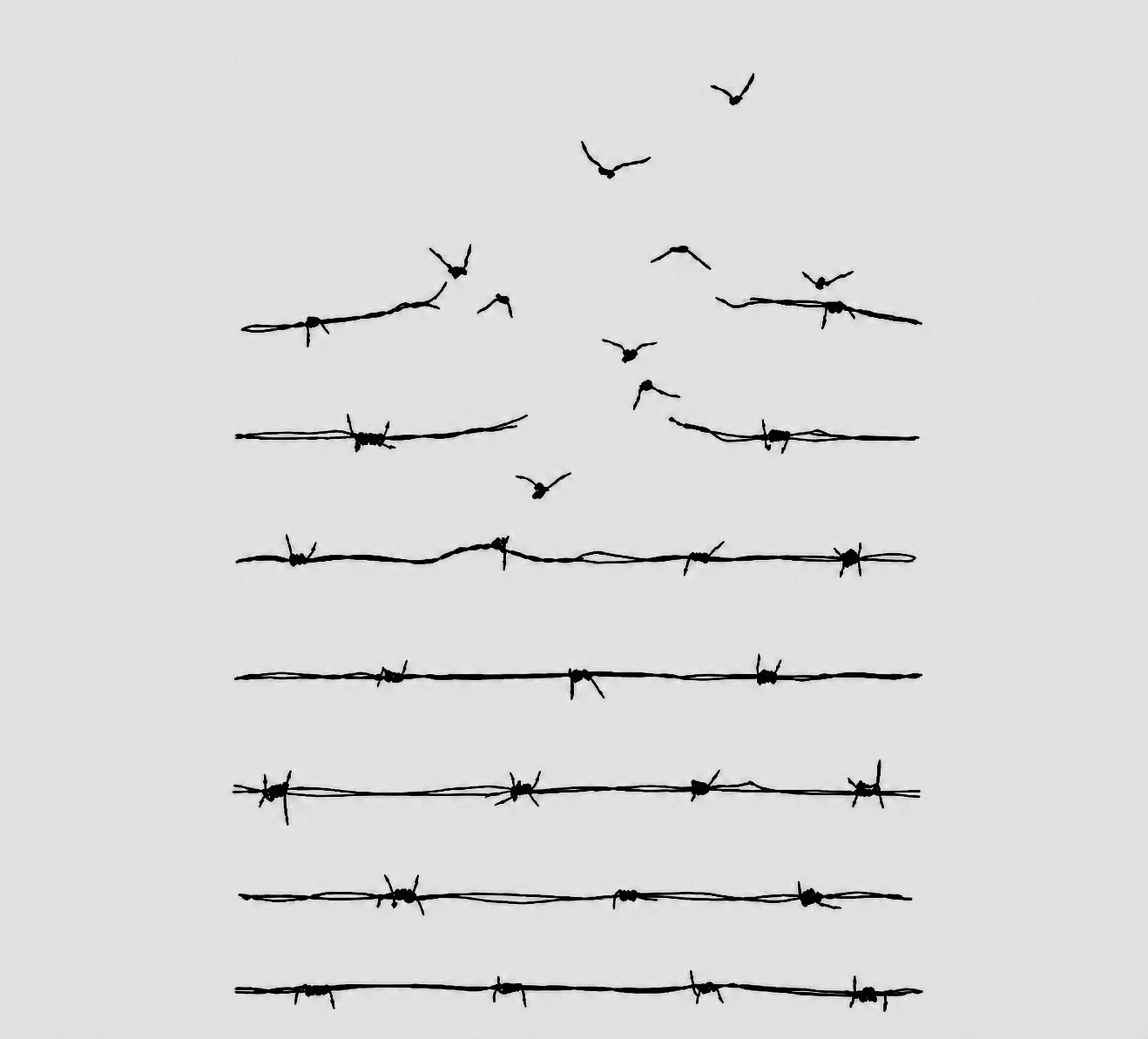 Minimalistisk sort-hvid illustration af fugle over pigtråd, der symboliserer frihed og begrænsning i eksistentiel terapi.