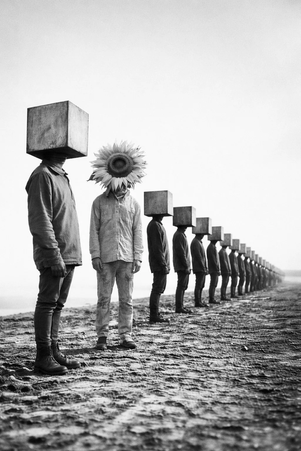 Rejsen mod autenticitet. Personen med solsikkehovedet repræsenterer det unikke individ, der blomstrer ved at bryde fri af bevidsthedens rigide strukturer.