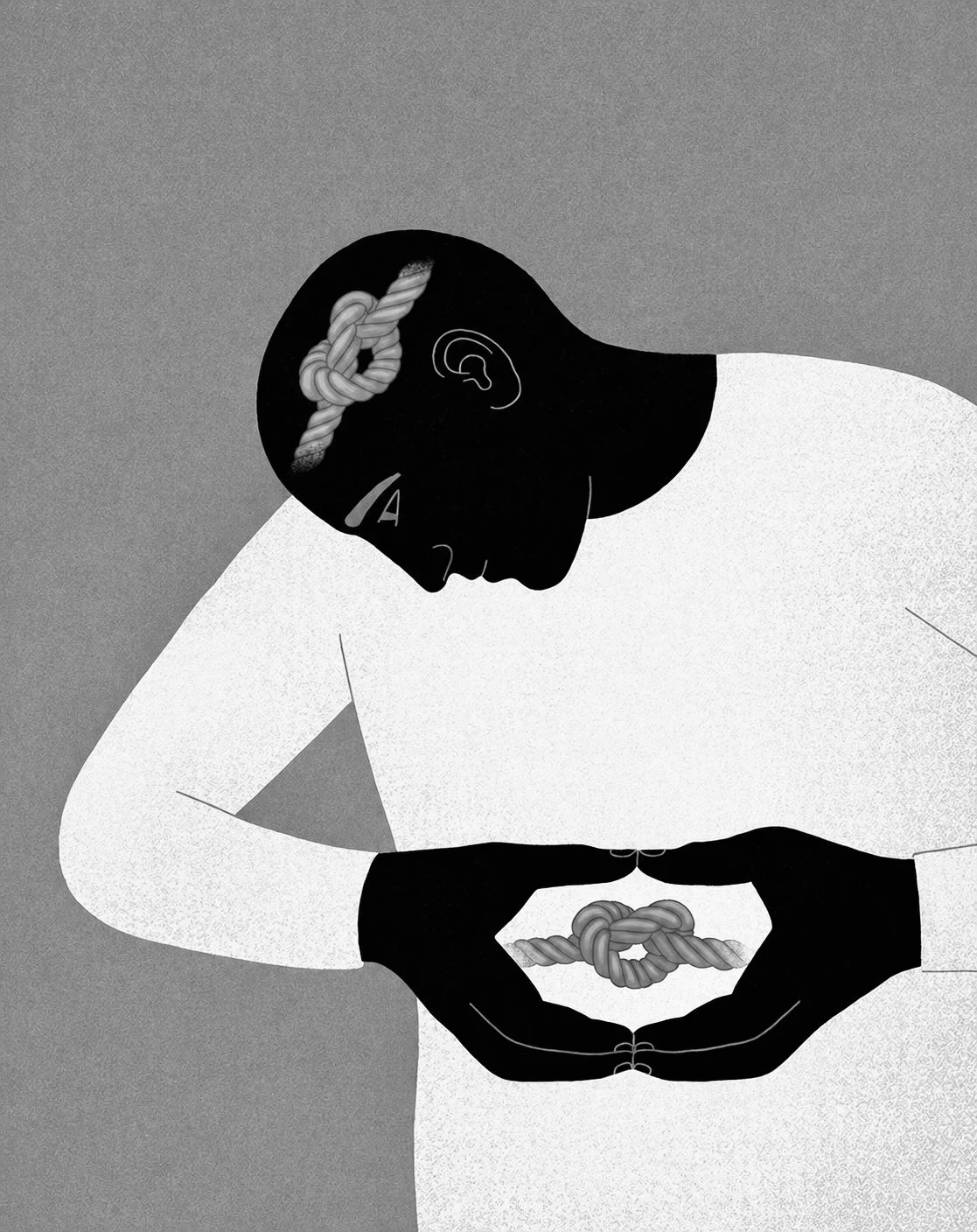 Kunstnerisk illustration af en person med knuder i hovedet og hænderne, der visuelt repræsenterer angst, indre konflikter og den stærke forbindelse mellem tanke og følelse.