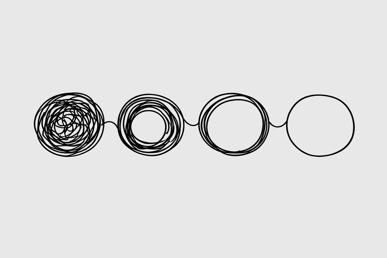 En minimalistisk illustration af en proces fra kaos til orden, der symboliserer klarhed, selvindsigt og terapeutisk forandring i humanistisk-eksistentiel terapi hos Ishiki.