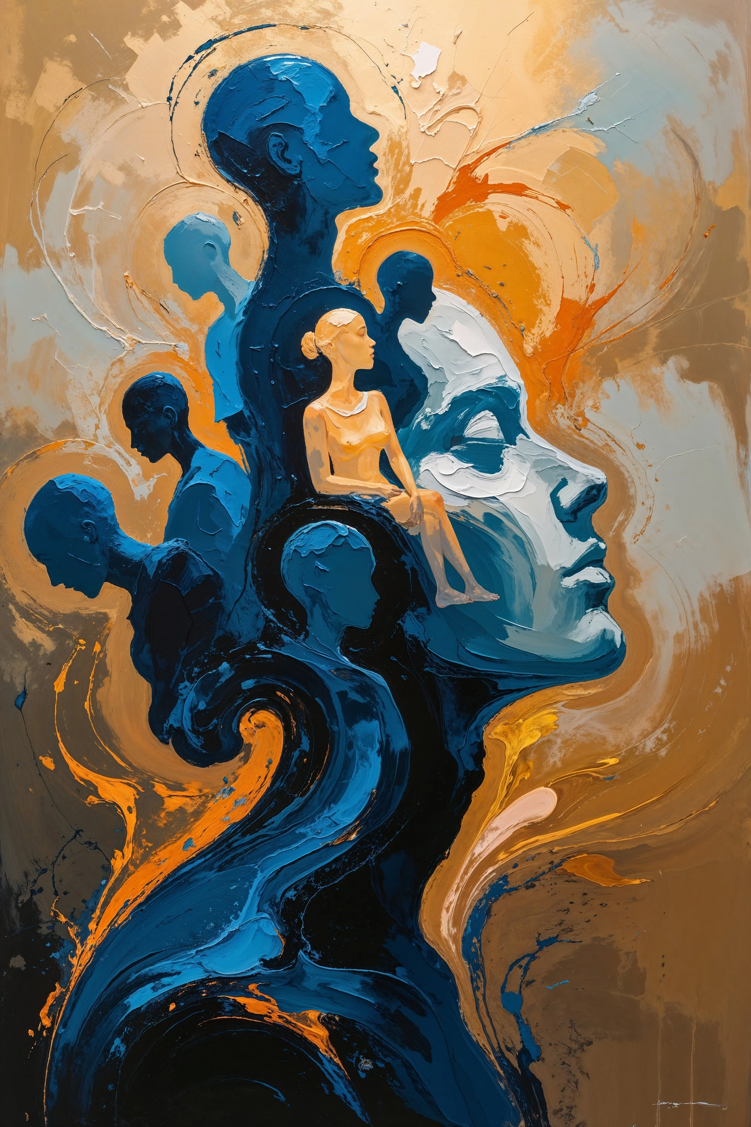 En surrealistisk og symbolsk illustration af et menneskehoved i profil, der åbner op for et komplekst indre univers med ure, trapper og lys.  Dette skildrer menneskets rige underbevidsthed og den terapeutiske proces med at integrere skjulte sider