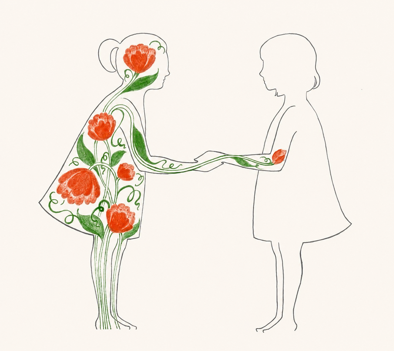 Illustration af to mennesker forbundet gennem blomster og organiske former som symbol på relationer, mening, omsorg og menneskelig forbundethed i Ikigai.
