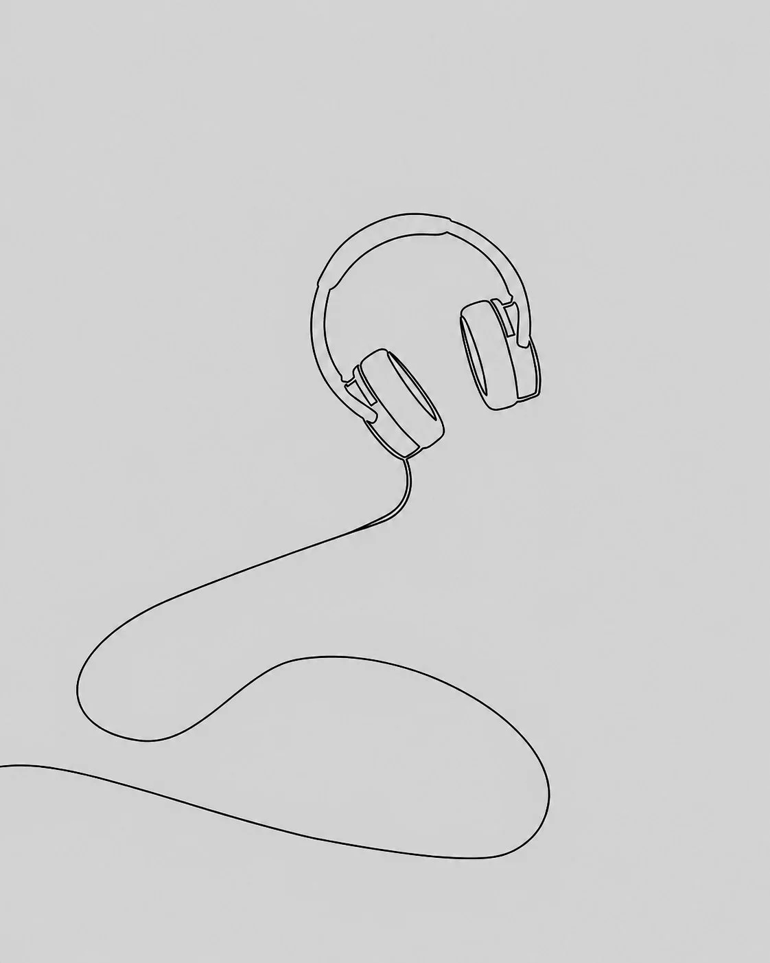 En minimalistisk stregtegning af hovedtelefoner med en lang, snoet ledning på en beige baggrund, der symboliserer kunsten at lytte, nærvær og den eksistentielle søgen efter mening gennem lyd og stilhed.