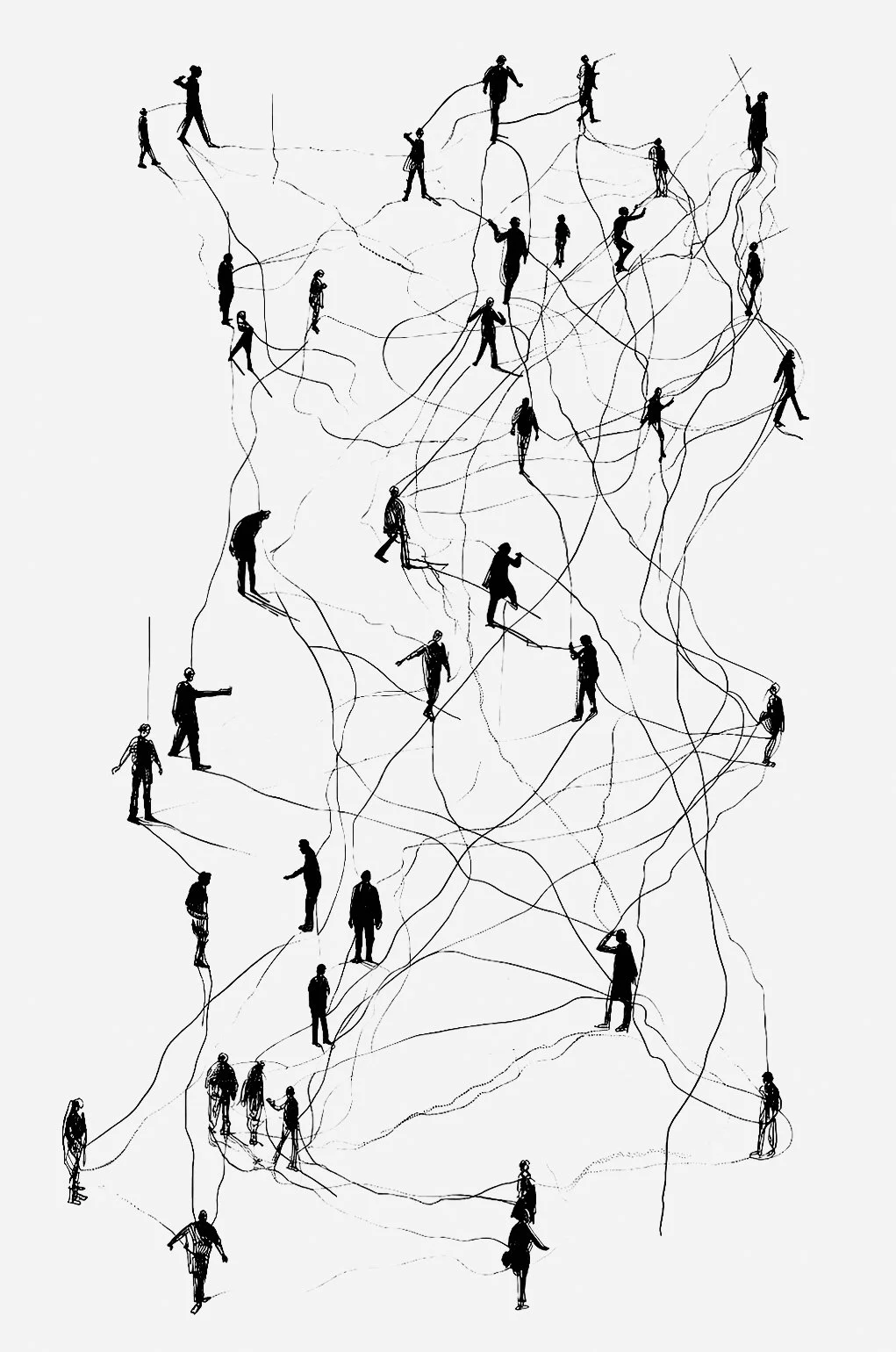 Illustration af menneskelige silhuetter forbundet af komplekse tråde, der symboliserer vores sociale relationer og den eksistentielle balance mellem individ og fællesskab.