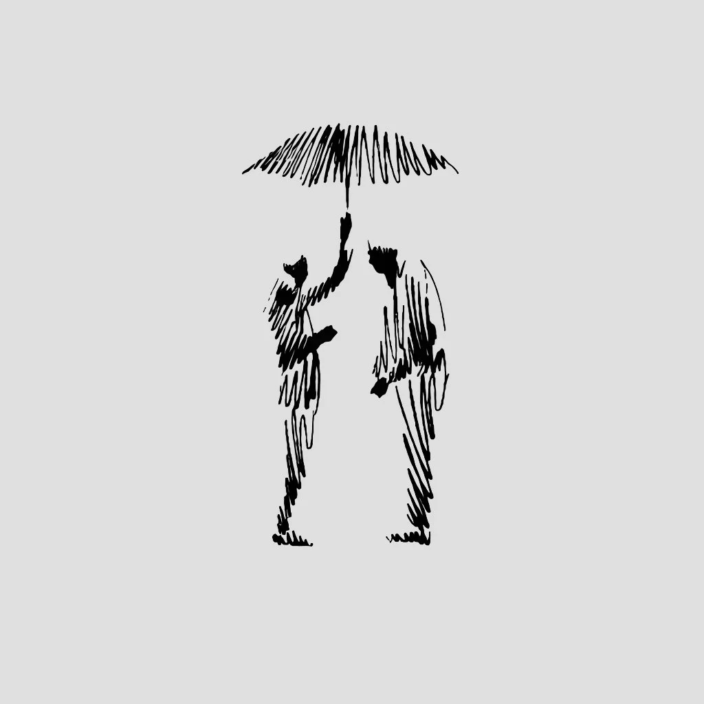 En minimalistisk tuschtegning af to personer under en paraply, der symboliserer omsorg, støtte og det terapeutiske møde i humanistisk-eksistentiel terapi hos Ishiki.
