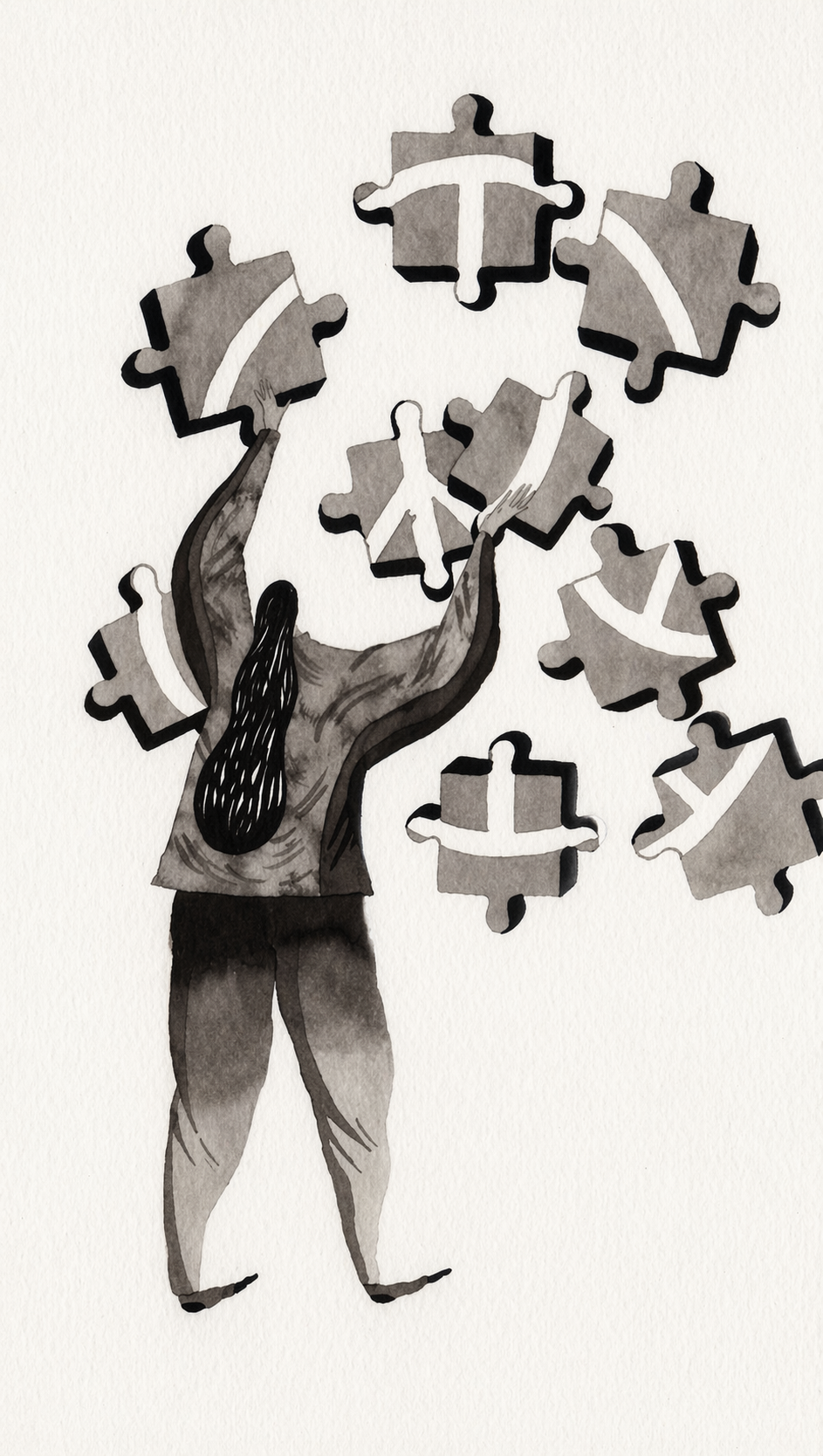 Illustration af en person, der samler puslespilsbrikker, som symboliserer meningssøgning, personlig integration og at skabe helhed i livet gennem humanistisk-eksistentiel terapi.