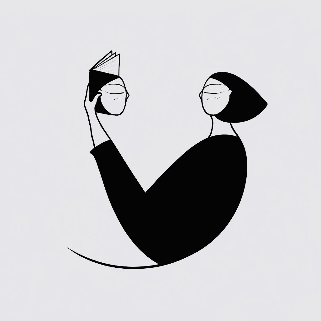 En minimalistisk illustration af en figur, der læser sit eget spejlbillede i en bog, der symboliserer selvindsigt, introspektion og det terapeutiske arbejde i humanistisk-eksistentiel terapi hos Ishiki.