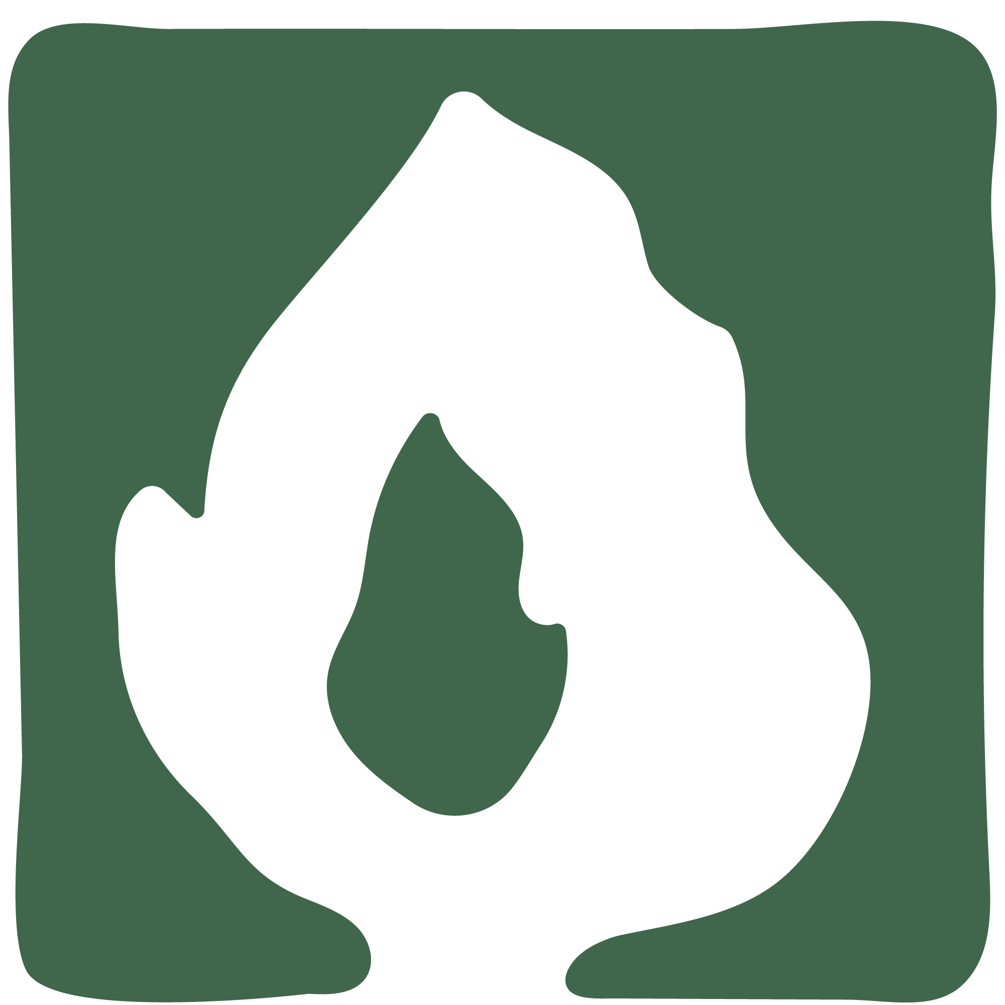 Vihreä abstrakti kuvio, jossa liekki kuvaa sisäistä paloa