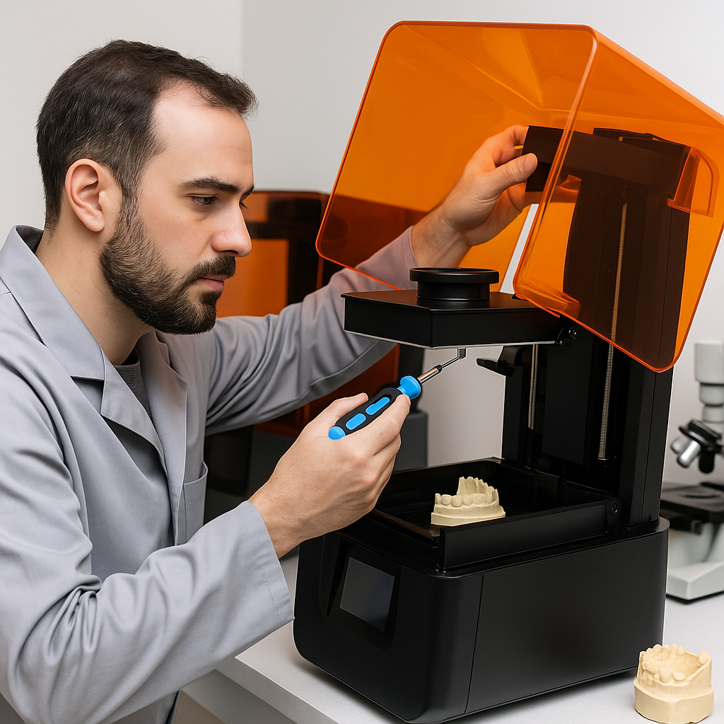 Un homme en blouse de laboratoire utilisant un outil électrique pour manipuler une imprimante 3D ou un scanner 3D médical portant une pièce en moulage dentaire, dans un laboratoire.