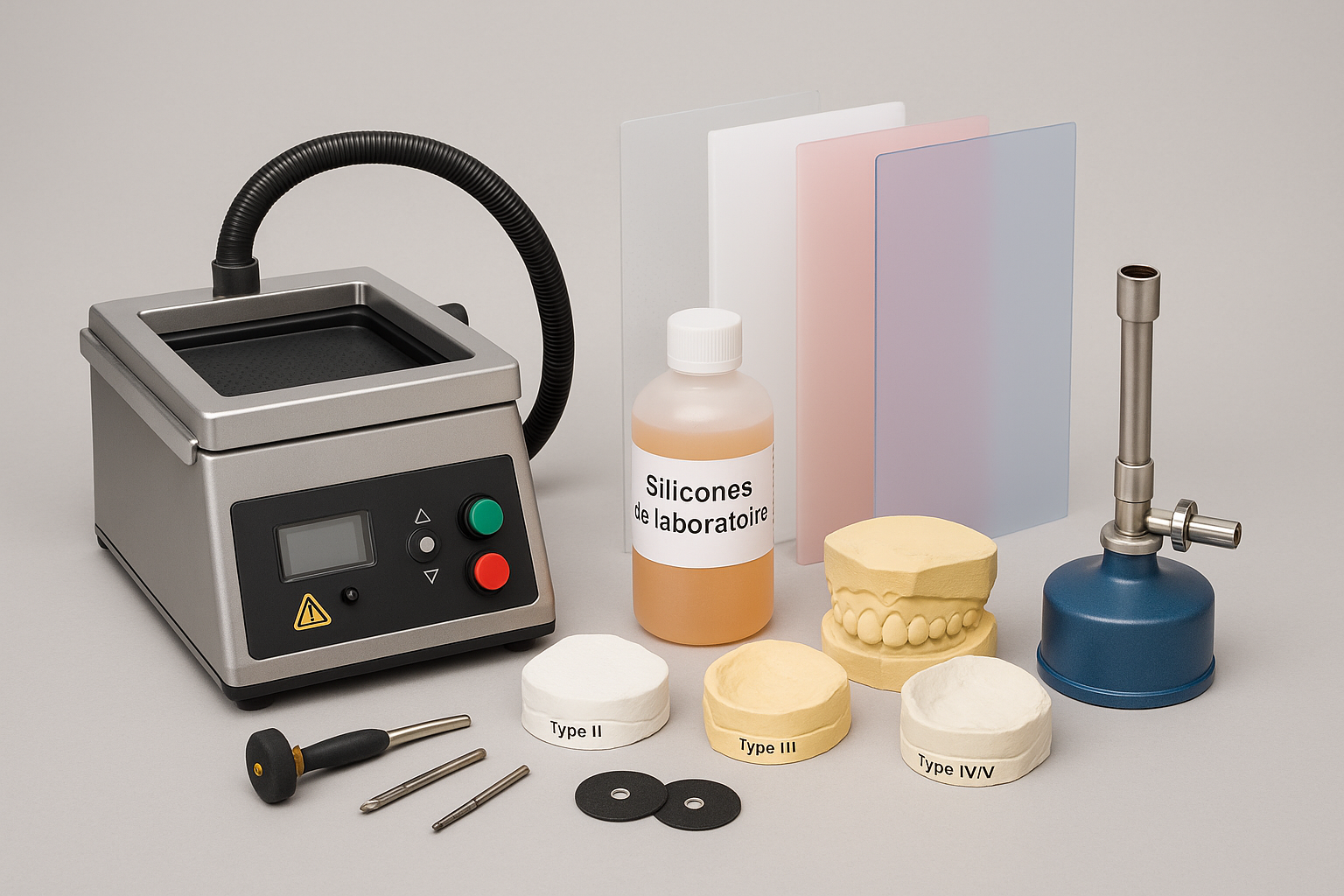 Matériel dentaire de laboratoire, y compris un four à chaud, un flacon de silicones de laboratoire, différentes formes de silicone pour empreintes dentaires, un modèle dentaire en plâtre, un tube à vide, et divers outils.