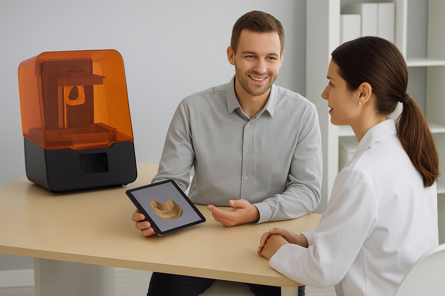 Un homme tenant une tablette montrant une empreinte dentaire, assis en face d'une femme en blouse blanche, dans un environnement clinique avec une imprimante 3D dentaire orange à côté.