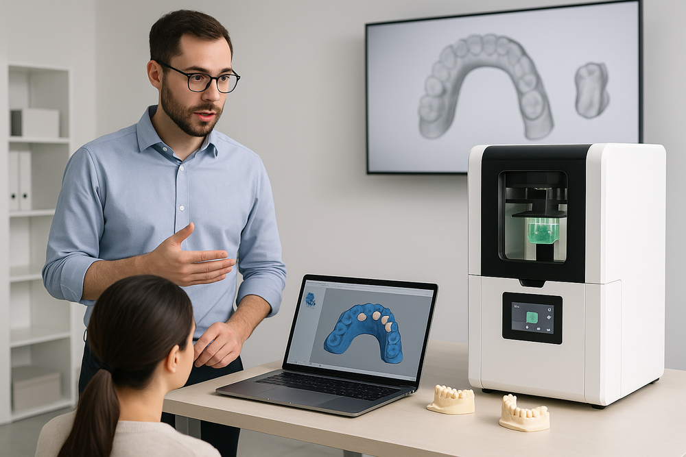 Un homme explique à une femme lors d'une consultation dentaire, avec une imprimante 3D, un ordinateur portable affichant une maquette d'une dentition, et des modèles de dents.
